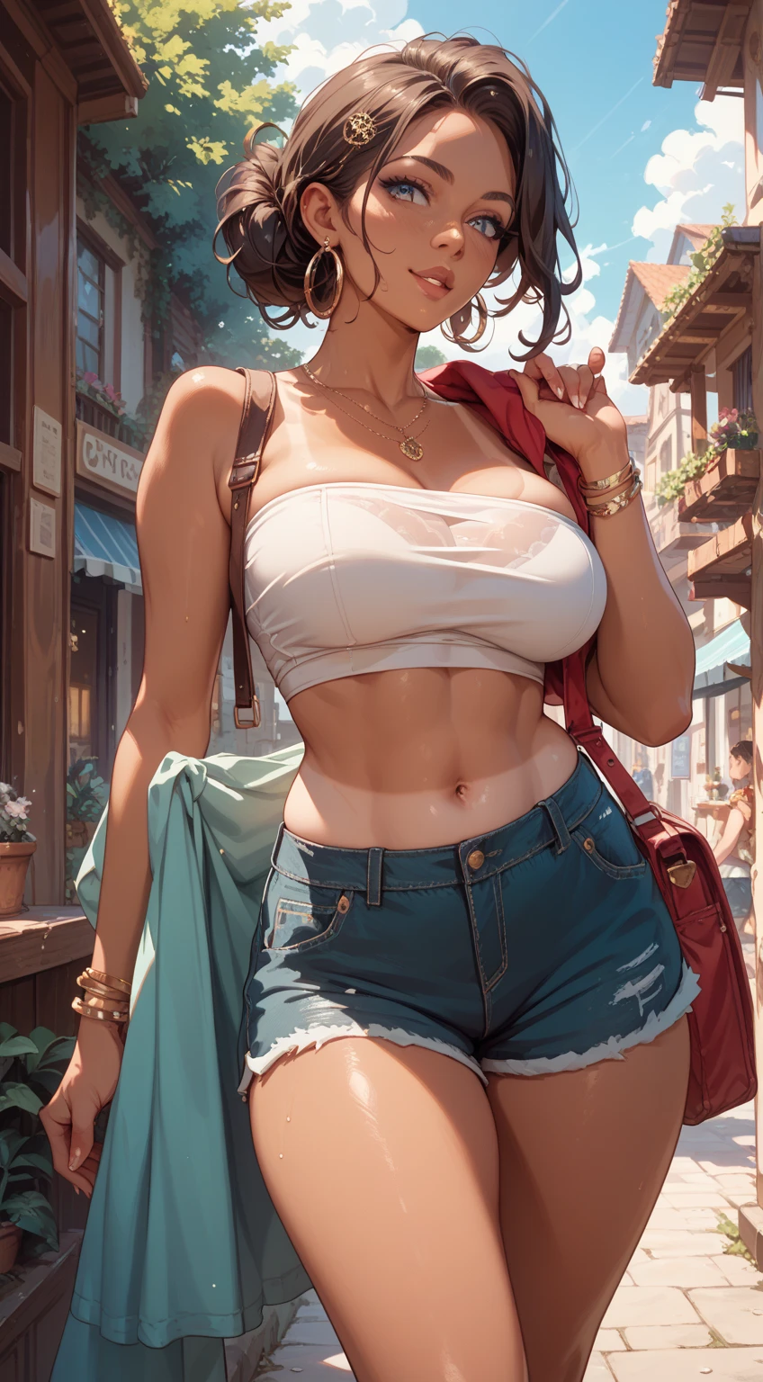 1girl, anime girl, anime, (dark skin), bracelet, necklace, earrings, 2d girl, 18y, (fullbody), anime girl, seductive smile, (black hair), flowing hair, hair flowing in the wind, (((chest sarashi,small sarashi,tight sarashi))), ((underboob view)), cleavage, Solo, Slim, Big Breasts, Tight Shorts, low waist shorts, upshorts, outdoors, night background, flowers, looking at viewer, darker shadows, (((explicit))), (((short,shorts))), (((absurdres))), (((thigh gap))), (((NSFW))), (((cameltoe))), (((lowleg shorts))), (((sexy))), (((sensual))), (((Detailed description vagina))), (((Strapless)))