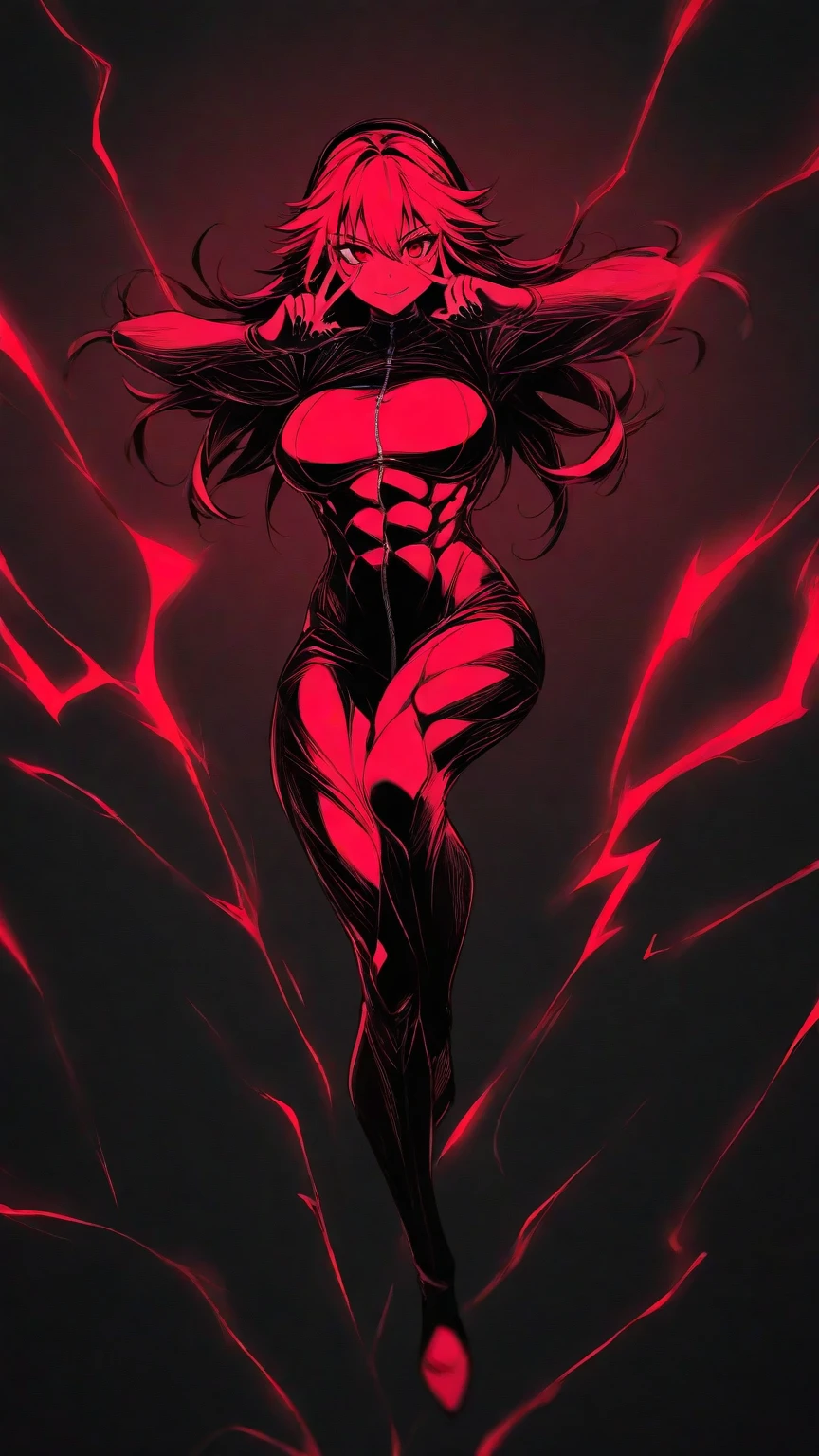 I want you to create the image of a woman, she has long dark hair and two dark horns on her forehead, red eyes and dark pupils, its entire body is covered in darkness with small red details, she has a toned physique with voluminous thighs and large pecs, Your whole body is covered in darkness, except your pale face, She is strong and slender, She has a red halo over her head and some round spheres behind her forming a circle behind her back