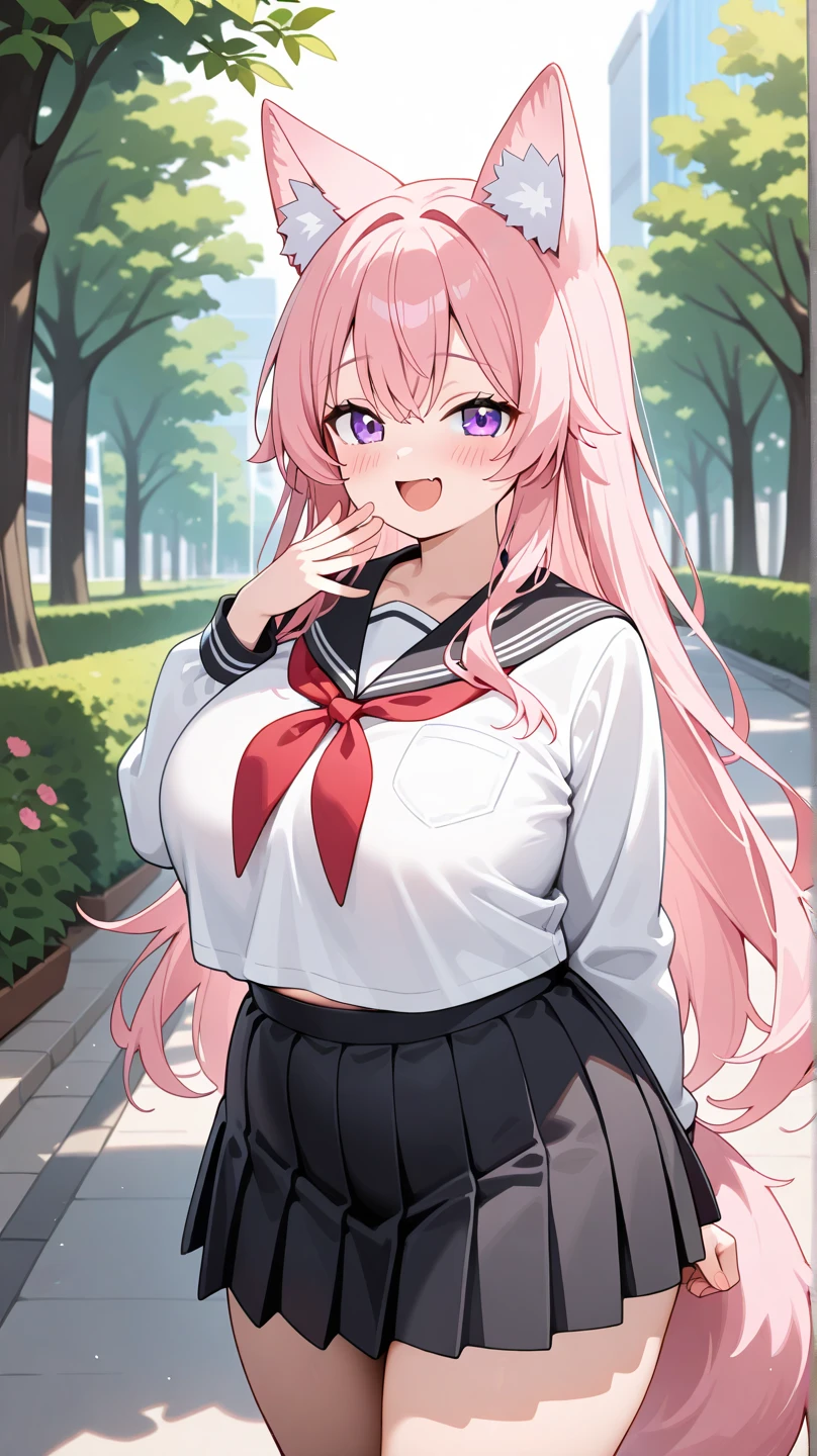 1girl, natsu,pink hair, halo, ahoge,side ponytail, long hair,ahoge,hair ornament,
long hair,long sleeves,sailor collar,school uniform,serafuku,skirt,thighhighs,black thighhighs,red neckerchief,from above,very huge breast,looking at her breast surprisingly,surprising,showing off her breast,covered nipples