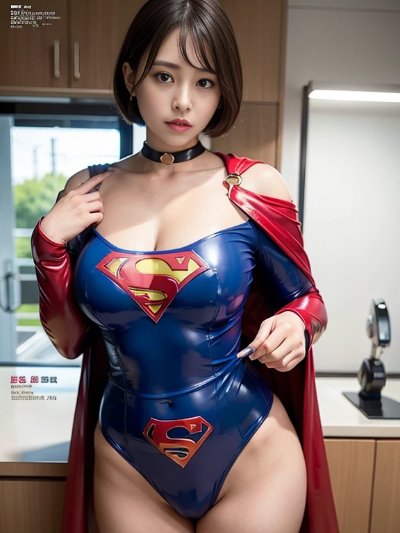 masterpiece、Rubber Supergirl Costume、short hair、barefoot、Big and ample breasts、looking at the camera、choker、Long sleeve、Cape、mini skirt、Off the shoulder、Sweaty skin、In front of laboratory equipment at the hospital、Photo magazine cover、Glamorous cleavage、Boasting beautiful legs、High leg leotard、Glamorous bare legs、Nymphomaniac young wife in her 30s、Close-up shot from a close distance、