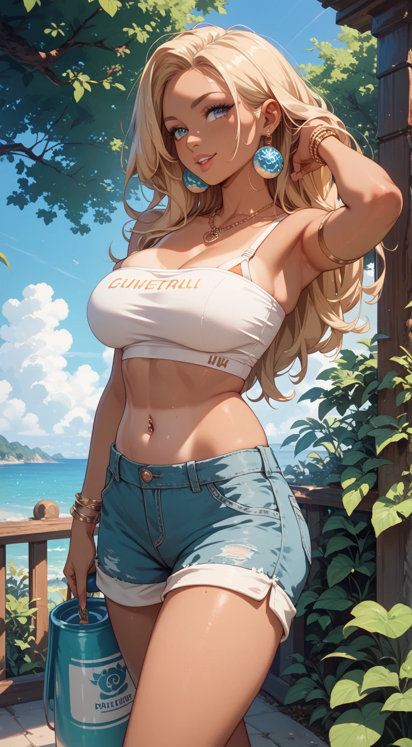 One girl, solo, Big round breasts, clevage, curvy body, realistic, blonde hair, light green eyes, amazing big eyes, eye details, eyebrow details, white crop top, denim skirt, big lips, blush, confident, dominant, bdsm, smirk, naughty, mischevious face, HD, good quality, crop top, curvy, standing up, lounge area