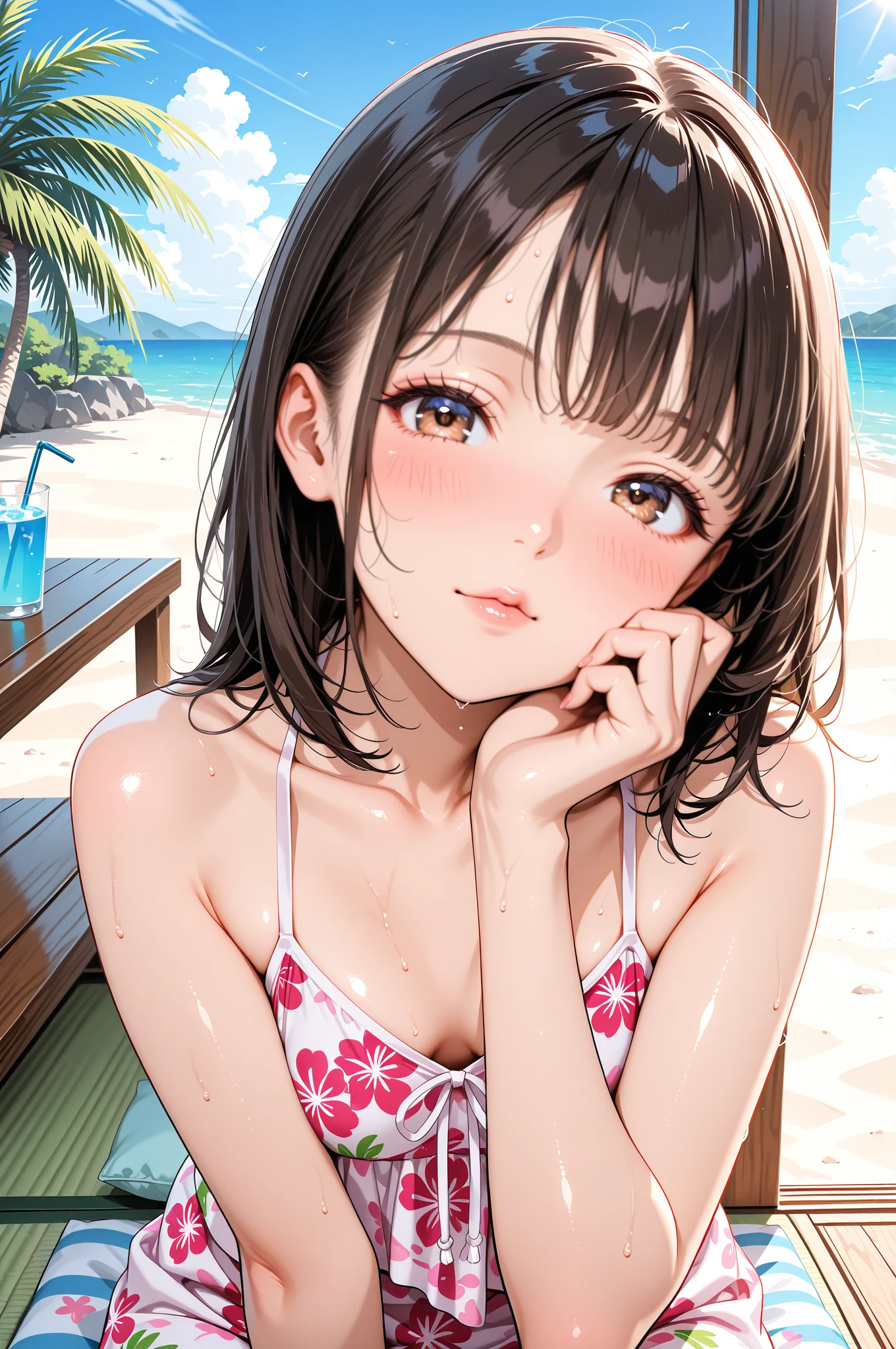 (masterpiece:1.5),(Beat quality),(high res),1girl solo,beautiful face,smile(shining eyes),upper body,light effects,Watermelon print bikini woman,Sandy Beach