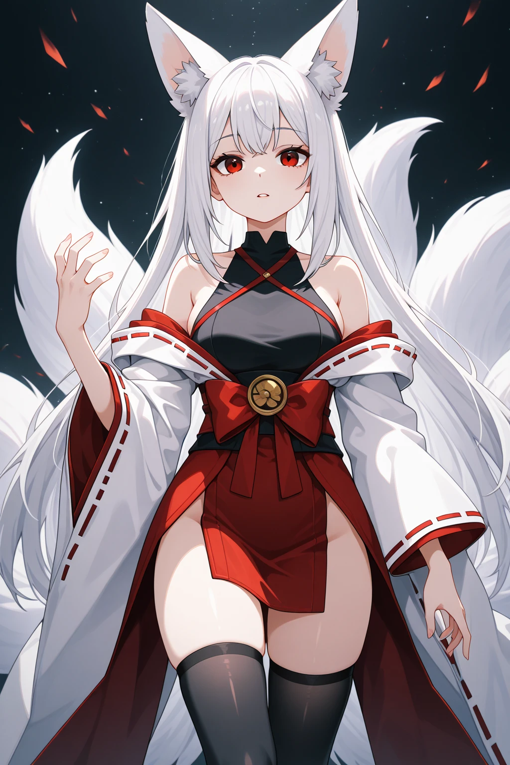 masterpiece, best quality, kitsune 1girl, solo, beautiful kitsune woman, fox ears, bangs, white hair, very long hair, red eyes, smug, small breasts, black choker, shoulderless kimono, white kimono, long kimono, long kimono sleeves, on it, red sash, 5 white fox tails, white hair, looking at viewer, cowboyshot