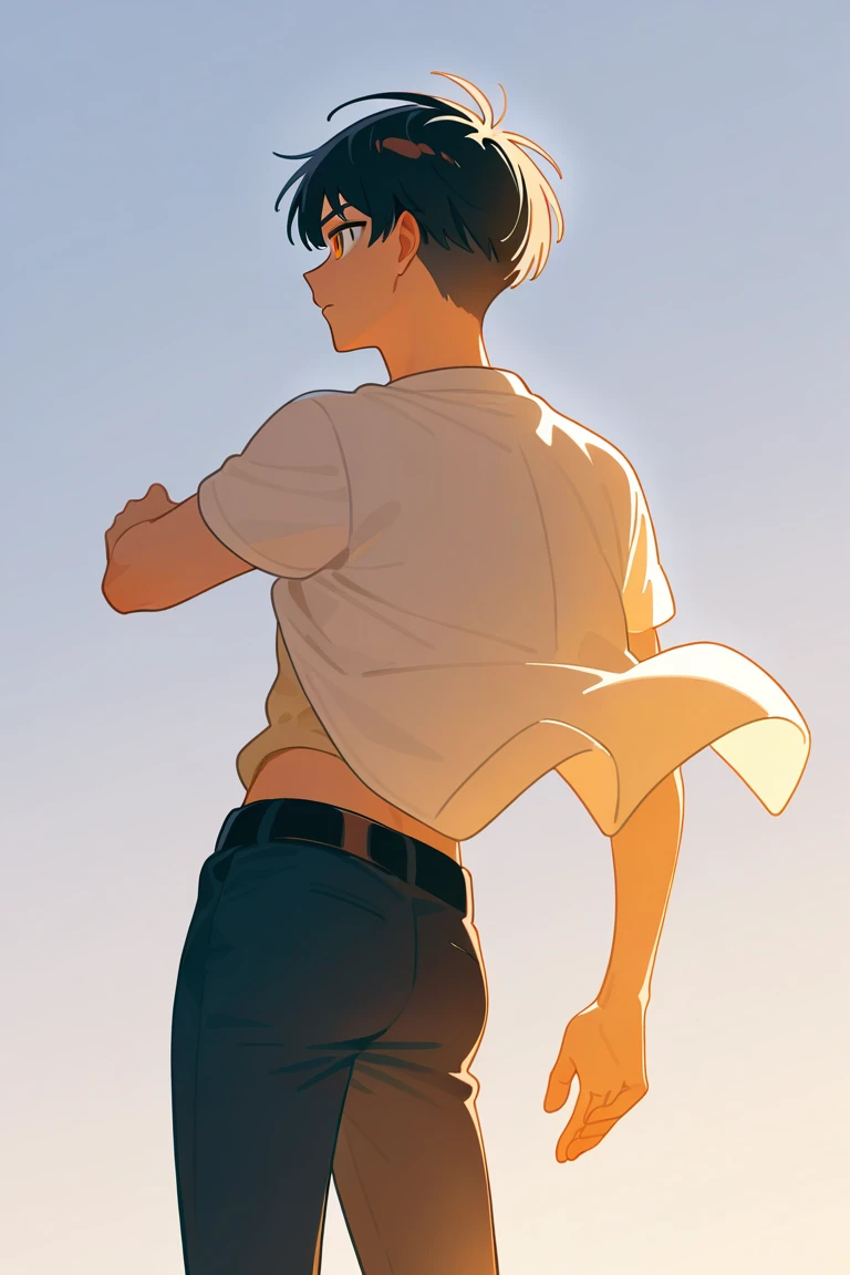 Exquisite details, perfect painting, clear summer sky, a handsome 20-year-old man with short hair, deep eyes looking at the picture, smiling, bust, standing on the lake, short-sleeved clothes, full muscles, obvious abs, HD details