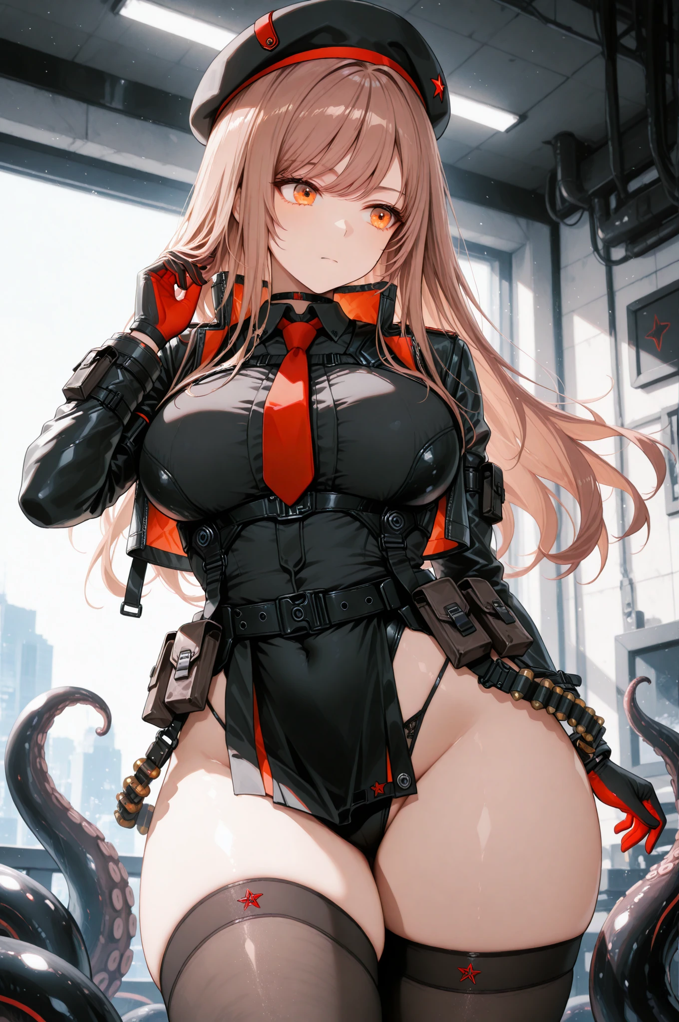ubel,dark green hair,long hair,side ponytail,hair between eyes,bangs, BREAK (beret, black jacket, open clothes, cleavage, midriff, black shorts, black thighhighs, thigh strap, fingerless gloves, single glove:1.2), Photo,sharpness, F1.6 lens,hyper-realistic textures,spectacular light textures, Cinestil 800 Fashion Mechanics,(((Beautiful woman with left leg restrained and hung by chains))),Appearance,Beautiful girl with accentuated slender abs: 1.1,six-pack abs: 1.1, Bust Botox,Standing on tiptoe, long legs,Long brown hair fluttering in the wind,Brown hair, Long hair, Female Warrior Costume,(No panties,No bra),(tacticul battle fashion,elbow and knee tacticul battle fashion, battle glove: 1.1),((cute batre costume)),The belly comes out and the navel is visible,Thin sheer costume, combat gloves,shredded costumes,cyber long combat boots with golden knee pads,Anatomical,(futuristic sci-fi battle fashion, new elbow and knee cyberpads, new cyberlong boots, new cybergloves: 1.1),(tied perfectly by iron chain), Restraint, Slave, collars, contempt, (Chained), 4 chains hung from heaven, Metallic shackles and fetters, wet crotch clearly visible,((Hands are restrained above the head)), the neck is chained,Chain from left knee to heaven,Chained by rusty iron chains,((the tip is protruding, areolas protruding,The shape of the pubic area is clearly visible:1.2)),Sweating,Wet,Wet crotch,Wet thighs,Junkyard, Realistic, (cute, perfect clothes, skimpy clothes, cute: 1.3) ,Vast miritary base in us,((wide mirtary hospital with summer sunlight)), peeling ceilings, Rebar between, Realistic material details, Extreme details, Ultra-realistic materials,narrow waist,(with sparkling eyes and a contagious smile:0.9),looking at viewer, 