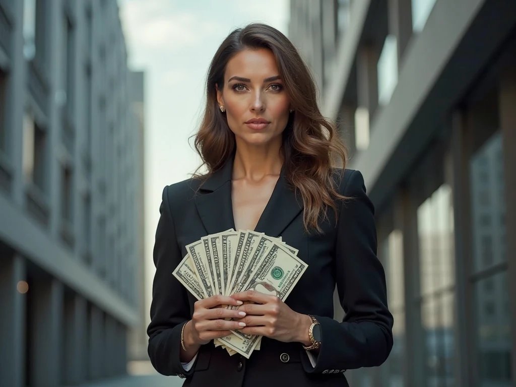 Woman sitting on a chair with a lot of money hanging on the wall, Girl in suit, Girl in suit, Businesswoman, Woman in a business suit, 厳格なWearing a business suit, a Surreal , Wearing a business suit, Irelia, Jaeyoung Nam, Surreal , sakimichan, Yoon Se-sung, In a strict suit、Big Breasts、REAL