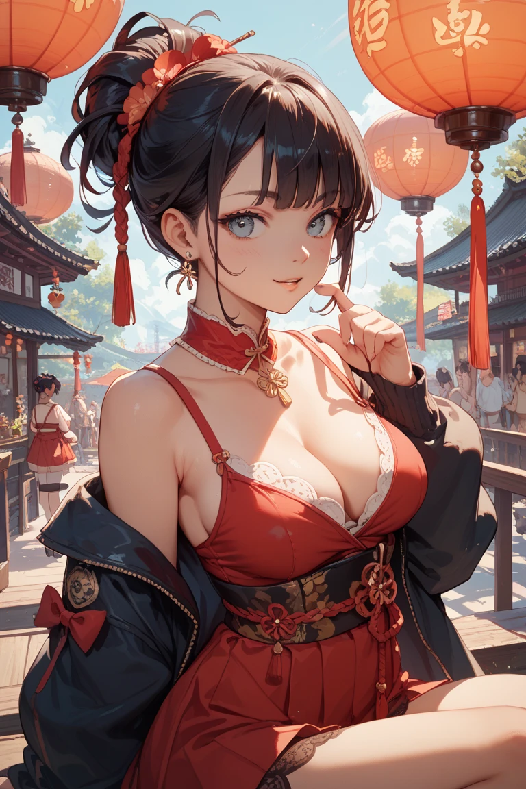 (Best Quality:1.4), Realistic, extremely detailed CG unified 8k wallpaper, ighly detailed, High-definition raw color photos, professional photograpy, Realistic portrait, Cinematic Light, Beautiful detailed, 1girl, Beautiful breasts, (cleavage), (Fine face:1.2), Close up portrait of girl in beautiful clothes with wide open front, Bare shoulders, (Beautiful clothes with wide open chest:1.4), Outdoors, high intricate detailed, Sense of truth, (universal studios Japan, attractions, harry potter, mario bros:1.3), outdoor, Universal Studios Japan scenery,