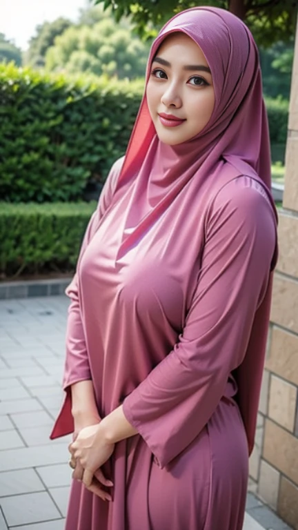 RAW, Best quality, high resolution, work: 1.3), Beautiful Malay woman in hijab , Stunning malay girl,Highly detailed CG Unity 8k wallpaper, top quality, super detailed, masterpiece, realistic, photorealistic, highly detailed cute girl, 50 years old, sweaty skin, blush, parted lips, round eyes, big breasts, bun_head , ((erect, emerge, streak)), waist shot, ((wide hips, thick thigh, protruding ass)), perfect hourglass figure detailed, naughty face detailed, seductive, fully reserved body, ((nude, nakedness)), ((tight long sleeve pink silk exposing tits and big nipples)), ((turtleneck)), sticking body, ((closed hijab)), squatting seductive beside on bed