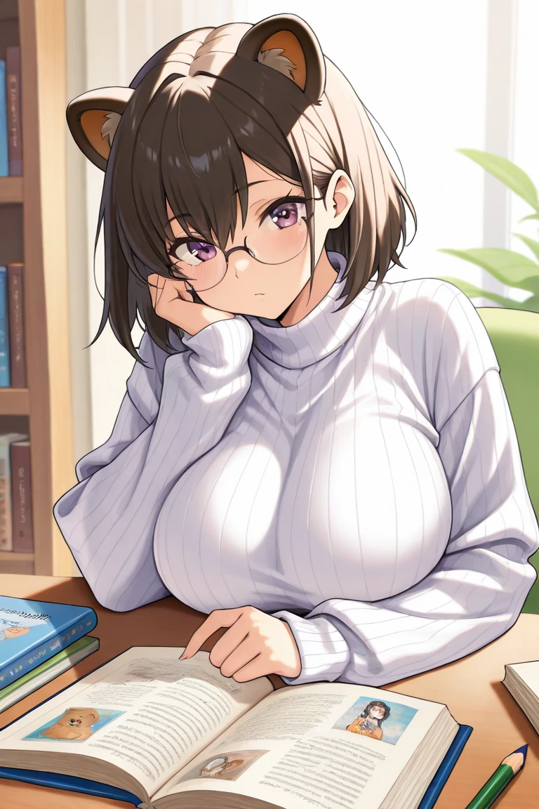A buxom, furry college professor with a pencil skirt and thick, fluffy fur. She is teasingly bent over a desk, looking over her eyeglasses, and has her shirt unbuttoned. POV shot of her full cleavage, which should be no smaller than a J Cup.