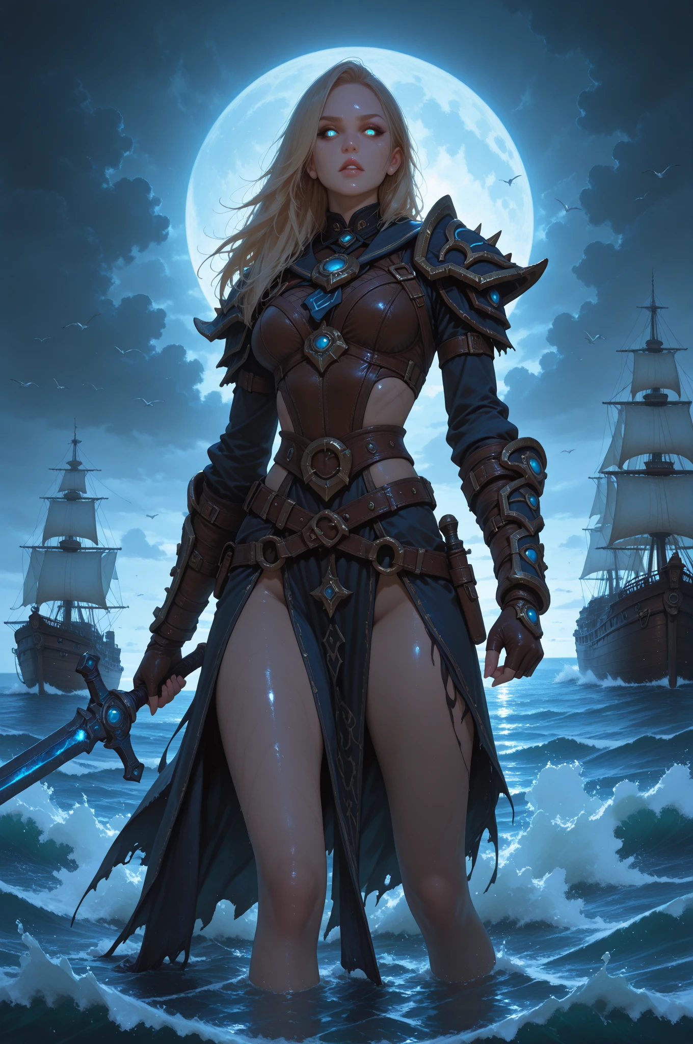 Generate [bichu] [greg rutkowski] by [luis royo] (point-of-view:1.5) detailed, intricate, oil on canvas, dry brush illustration of youthfull [1girl:1.5] [solo:1.5]. She is almost nude buxom dangerous daring (pirate:1.2) (admiral:1.2) prt (lost in thought), she is on a [stern] of [pirate ship] Galleon deck with her hand on her hip during dynamic and dramatic [naval battle], [jolly roger] flutters on the mast, during cold cloudy gloomy [rainy night:1.2] fog illuminated by moonlight glow. Ship a sleak frigate in the distance firering broadside salvo with visible flash and gunpowder smoke. Wearing (laced tunic:1.5) with exposed bare shoulders and [admiral pauldrons], [black chocker], and [long skirt] and armed with [Flintlock] tucked under belt and [sabre] on her hip. exposed, nsfw, exposed breast, exposed navel, (subtle nudity:0.8)
