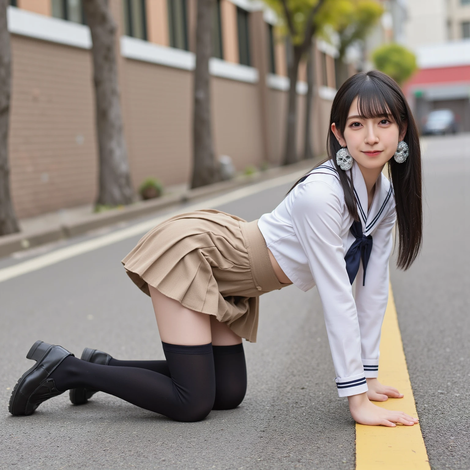 (8K, highest quality, masterpiece: 1.2), (realistic, photorealistic: 1.2), sitting, (panty shot)))), (spread your legs)))), alone, beautiful definition sky, night, Wet, looking at the viewer, (squat: 1.5), date, future, (nose brush), smile, big breasts, fine and beautiful eyes,), (dark blonde: 1), (short hair :1.1), panty shot, spread your legs, skirt, , lace panties, socks, black hair, shirt, blurry, blurry background, knee high, 白のshirt, loafers, realistic, long hair, lips, brown eyes, 黒のsocks, tie, プリーツskirt, bow, headrest, Landscape, outdoor, brown footwear, masterpiece, highest quality, super detailed, ((((panty shot))), (((spread your legs))),