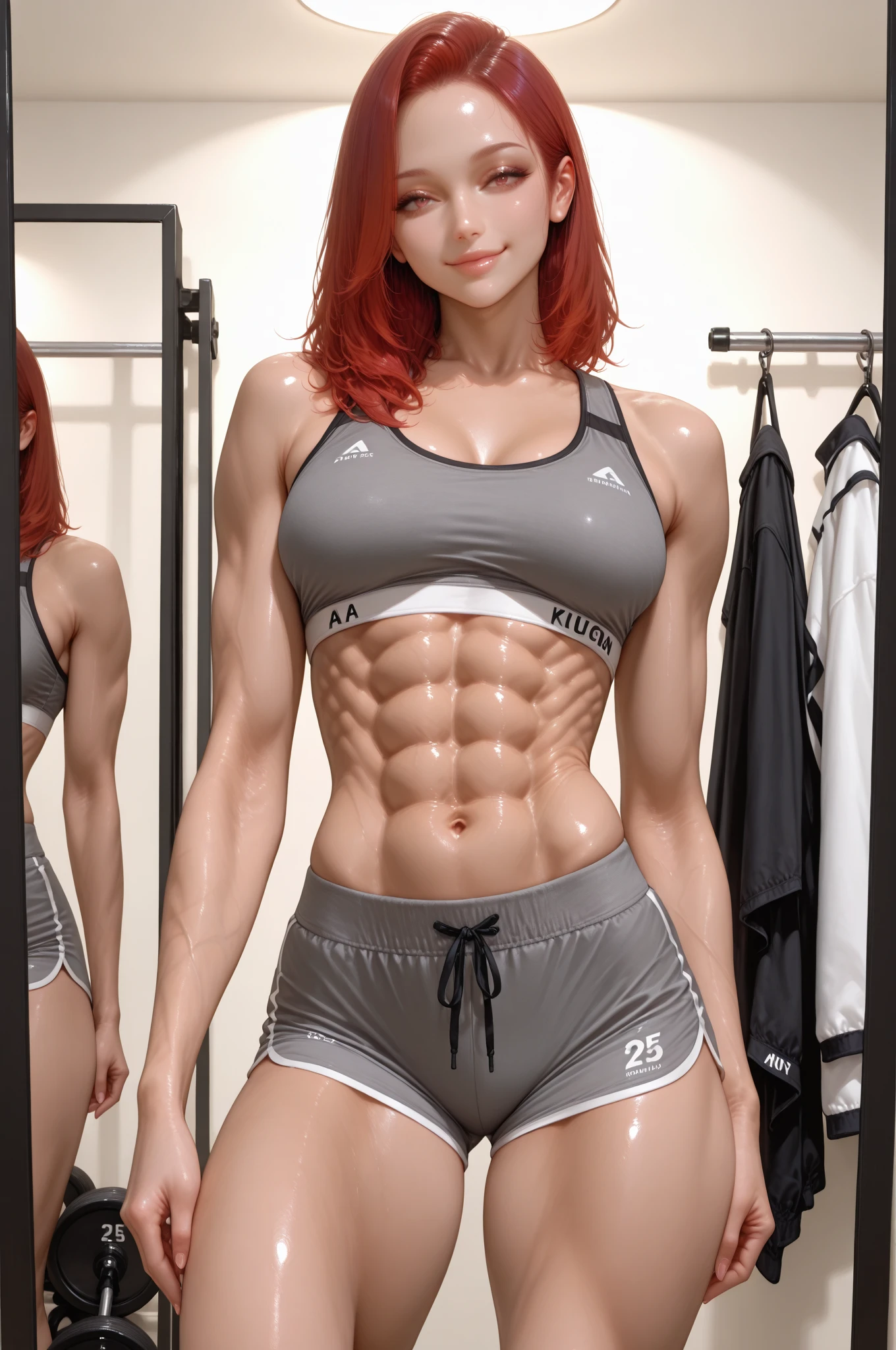 Cute, gorgeous, Caucasian girl, teen, fit, (muscular:1.3), 14, (flexing biceps:1.5), abs, slender, slim, (long flowing red hair:1.5), blue eyes, glamorous, seductive, stunning, flawless, perfect, beautiful, cute, pretty, coy smile, full body, (dressed in short shorts and crop top), masterpiece, 8k, highly detailed, sexy, SLR lighting, SLR camera, ultra-quality, sharpness, depth of field, film grain (center), Fujifilm XT3, crystal clear, frame center, beautiful face, sharp focus, detailed skin pores, (tiny waist:1.3), colorful, hyper-detail, dramatic light, intricate detail, photograph by arny freytag, (flexing bicep pose), sexy, hyper smoke, dark background, (dainty:1.3), 