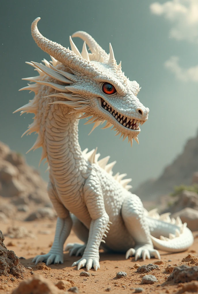Mutated dragon, split upper jaw, albino, red eyes, many teeth, claws, long hair with spikes, soft lighting, no horns, western dragon, upper jaw is splitted, many jaws on one head, SCARY AND HORROR, CREEPY and uncomfortable