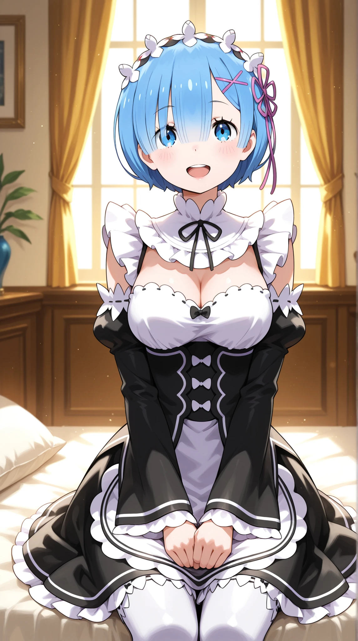 Rem,masterpiece, best quality, highres, aarem, short hair, maid headdress, x hair ornament, hair ribbon, hair over one eye, large breasts, frills, neck ribbon, cleavage, dress, detached sleeves, white apron, waist apron, white pantyhose, standing, cowboy shot, smile, indoors, v arms, hand between legs, skirt lift