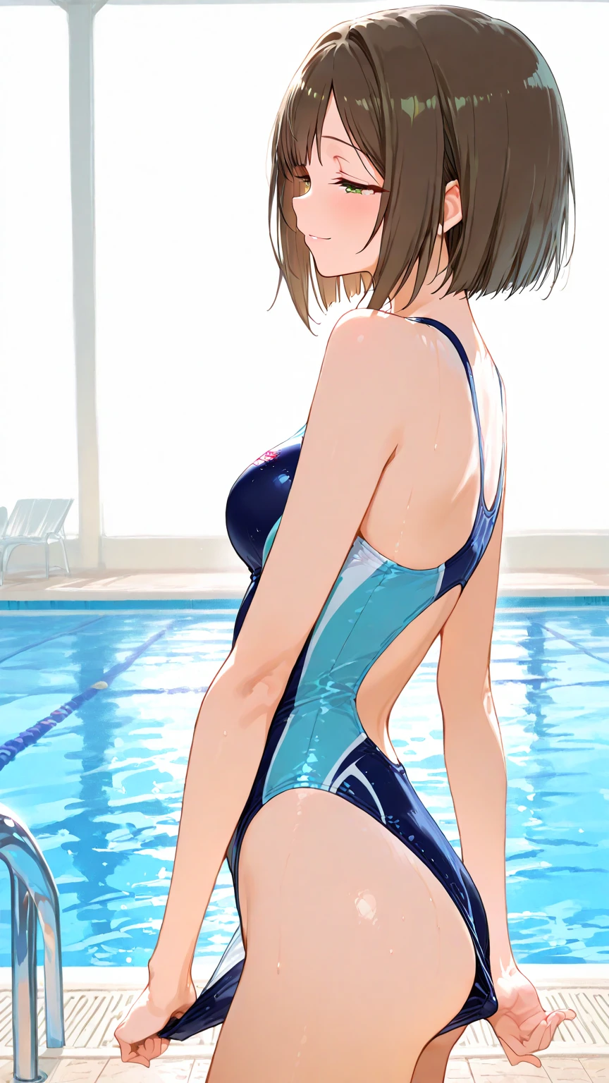 A boyish, short-haired, busty, beautiful-legged woman is standing by the pool in a competitive swimsuit.。Angle from behind。Being photographed by a grinning middle-aged man。