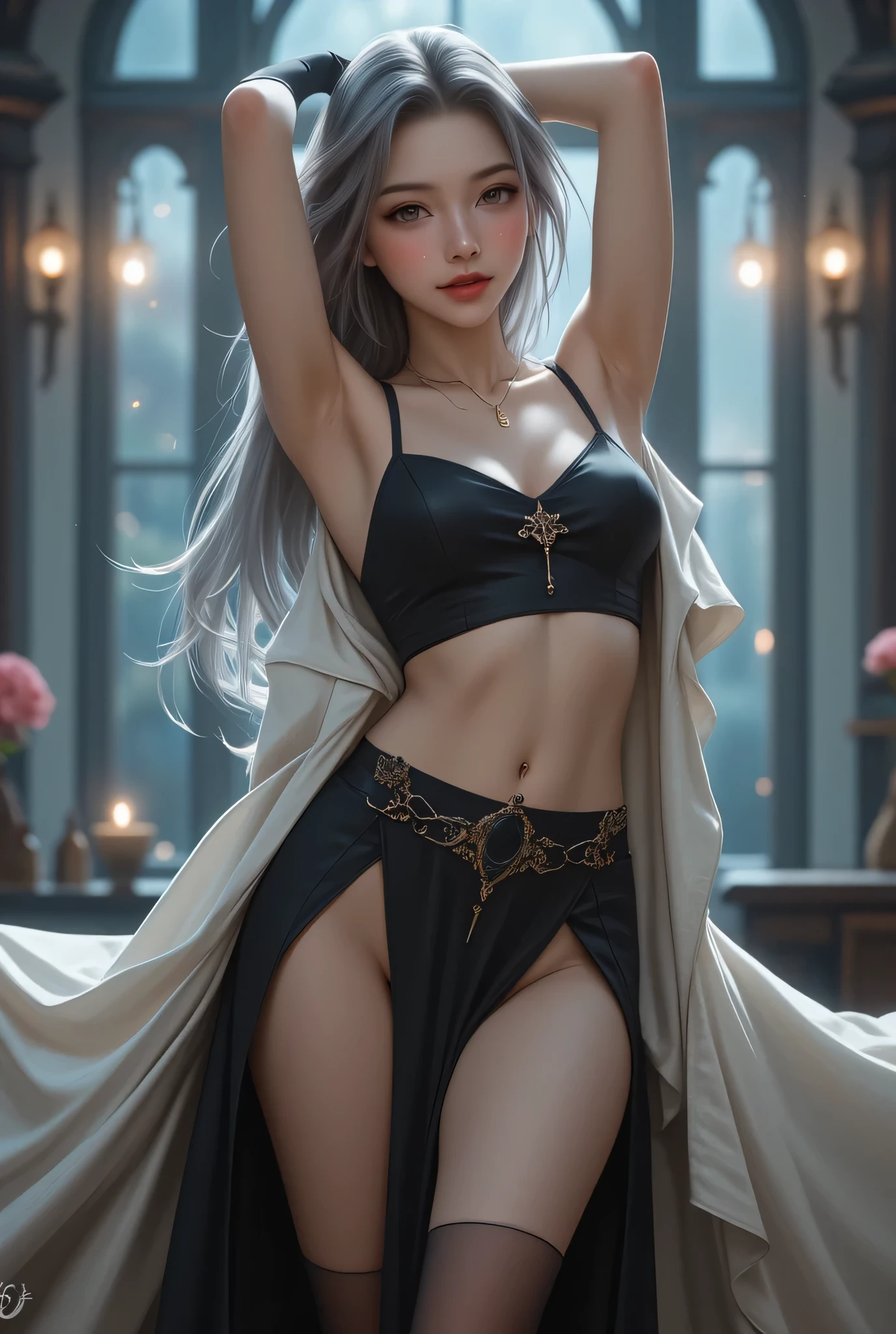 ((masterpiece, best quality)), (NSFW), 1girl, beautiful gorgeous girl with white hair and teal eyes smiling at the camera, blushing, thighs, (small waist:1.3), (wide hips:1.3), seductive pose, sitting
