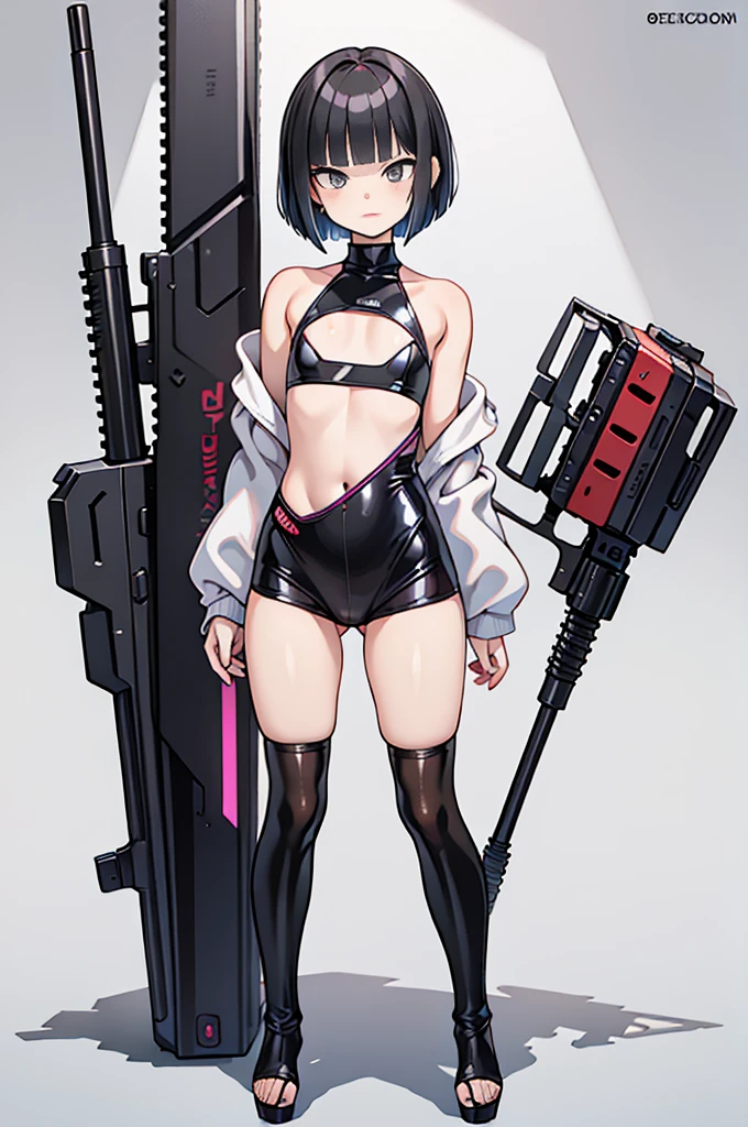 (masterpiece, best quality, high resolution, ((huge breasts))1 woman, very short black hair with white, punk style hairstyle, black long-sleeved t-shirt with cyberpunk style skull print, cyberpunk style miniskirt, long black stockings , black gloves, choker, bracelets, long earrings, smile (white background, stickers. Redmond), ((full body standing)),
