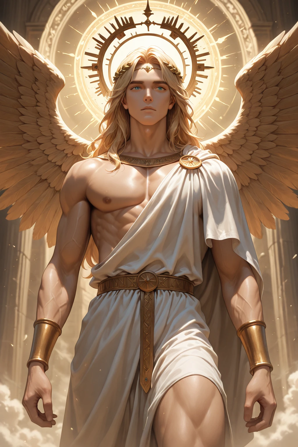 Celestial god Zeus,Flying,There are white wings on the back,The light behind is shining,Open hands,The facial features are detailed and correct,close-up of the private parts,Clear highlights