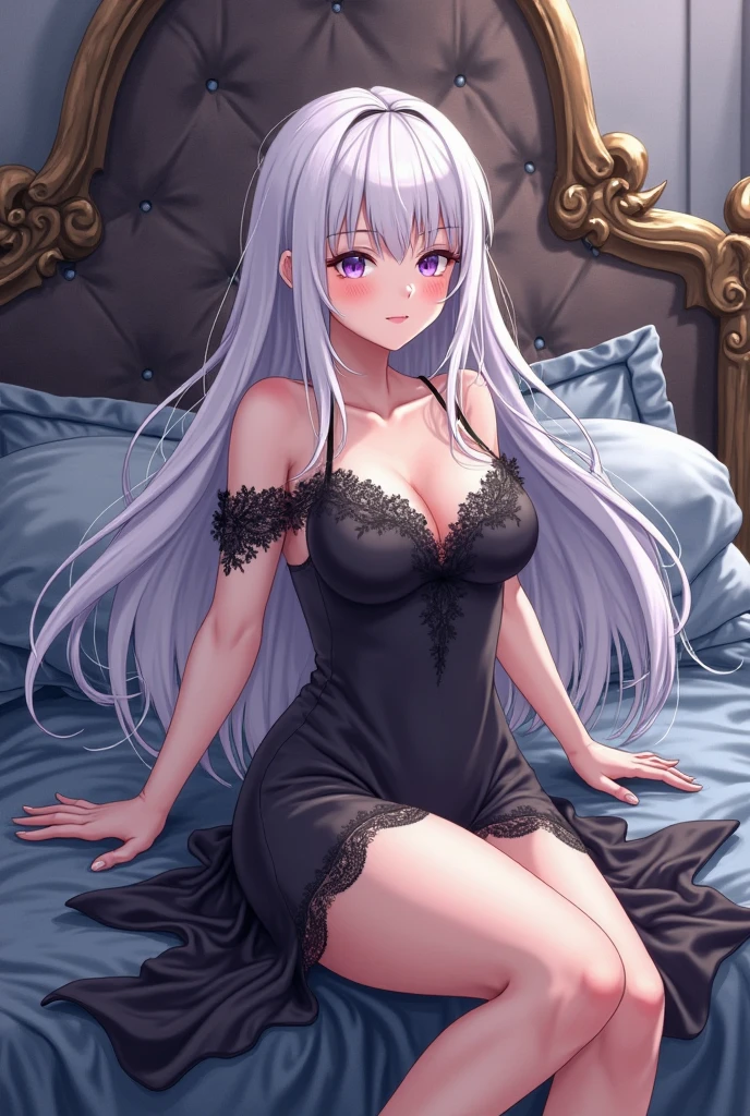 Fairy Tale Style，sleeping Beauty，A woman with big ，Silver long hair，transparent，(Super short)Nightdress，weak，bedroom，(nsfw:0.8)，Lying down，