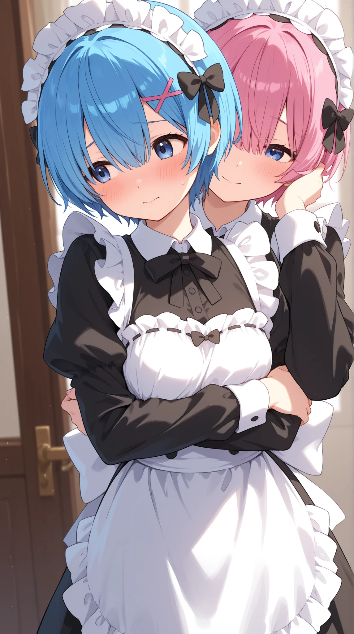ram (re:zero),multiple girls,2girls,sisters,roswaal mansion maid uniform,twins,siblings,pink hair,rem (re:zero),short hair,blue hair,blue eyes,maid,ribbon,detached sleeves,red eyes,hair ornament,(hair over one eye:1.5),smile,looking at viewer,holding hands,apron,x hair ornament,hair ribbon,interlocked fingers,black ribbon,frills,maid headdress,white apron,blurry background,blurry,neck ribbon,ribbon trim,bangs,breasts,blush,purple ribbon,small breasts,long sleeves,parted lips,waist apron,shiny hair,pink ribbon,dress,wide sleeves,standing,frilled sleeves,shiny,ribbon-trimmed sleeves,<lora:è»pote_XL:0.8>,