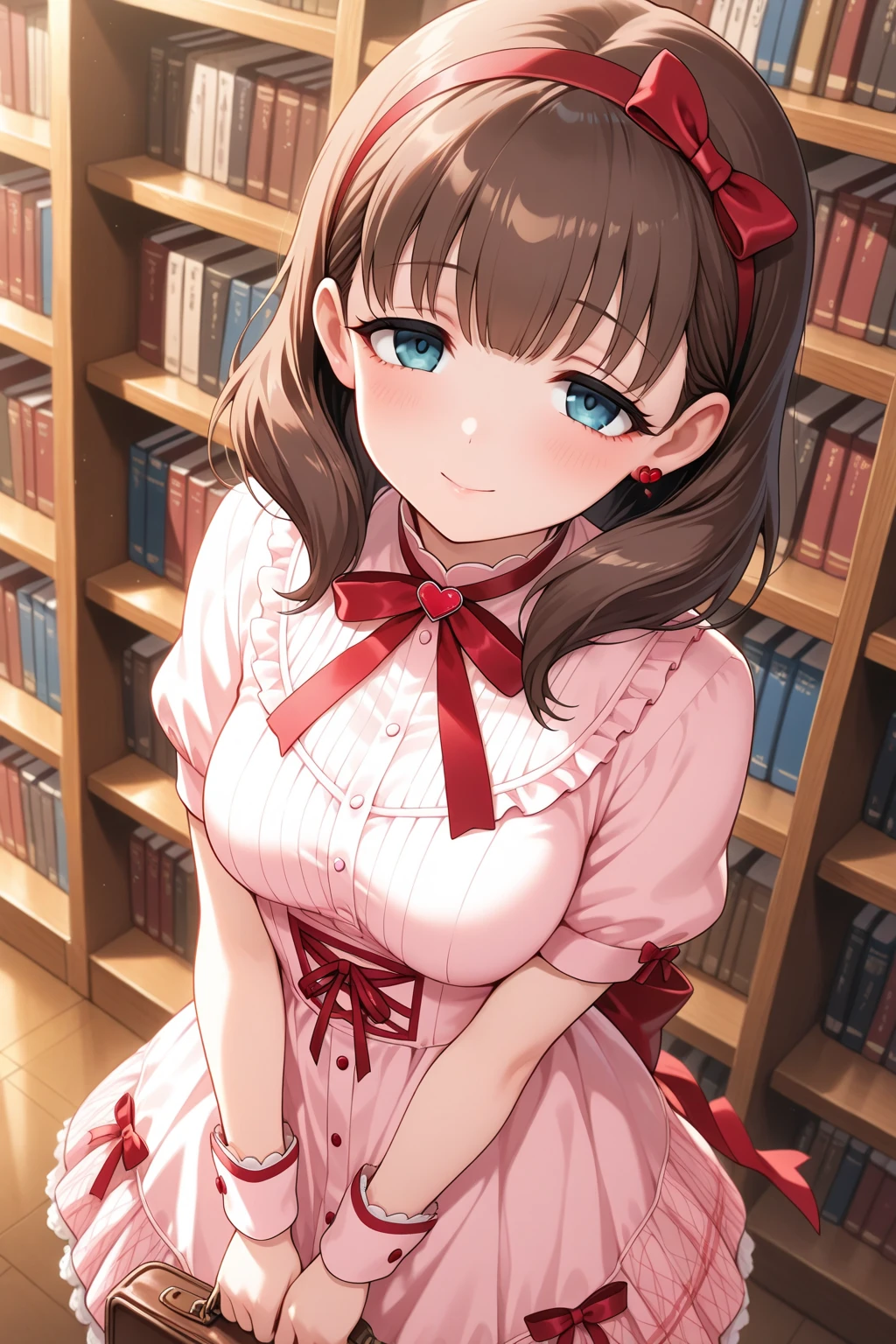 <lora:RONOPU:0.8>1girl, breasts, animal ears, solo, dress, cat ears, long hair, cleavage, brown hair, cat tail, tail, frilled dress, frills, pink dress, cat girl, looking at viewer, gloves, white gloves, smile, large breasts, bookshelf, purple eyes, long sleeves, bonnet, bow, pink bow, closed mouth, skirt hold, indoors