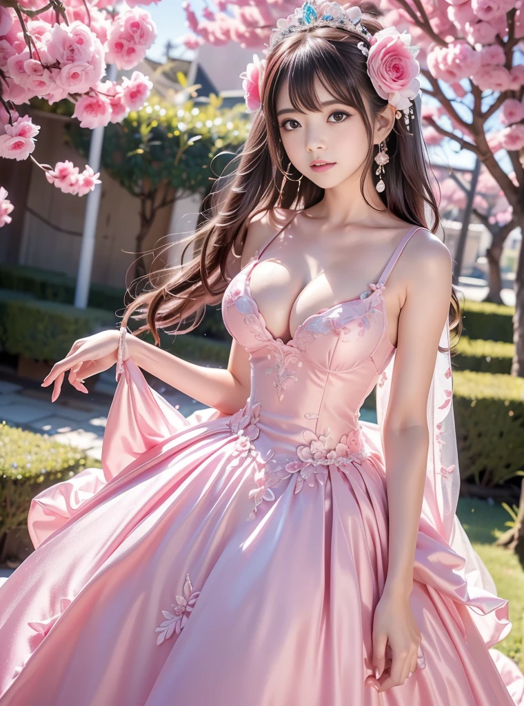 tokisakiweddingv1, pink strapless dress, long dress, ring, necklace, long hair, lace trim, jewelry, hair over one eye, pink elbow gloves, earrings, collarbone, cleavage, bridal veil, black hair, bare shoulders, narrow shoulders, Elegant posture, She gently lifted her skirt with one hand,头发周围有白色的Butterfly兰,Lilac dendrobium、White Lily, Long legs , Deep in Wonderland, ((Flowing long hair))Official Art , Unity8k Wallpaper , Extremely detailed , Visible cleavage, Pretty and beautiful , 性感Long legs, masterpiece , best quality ,Practical, Very detailed illustrations ,Extremely detailed , Intricate details , Extremely complex and detailed , Very detailed 8KCG wallpaper , Caustics .reflection , Ray Tracing , Devil theme ,nebula ,Dark aura, Network Effects , (1 girl)solitary , 小蓝Butterfly , (Blue plasma flame , (insect , Butterfly)) Pastel tones in Rococo style ,Light white and light dark red , Incredibly beautiful , Cherry blossoms , Surrealism ,painting , Ethereal , Mixing reality and fantasy elements ,Ray Tracing , Complex Mode , Exquisite lines , Perfect your hands, Starry Sky , Colorful , Star
