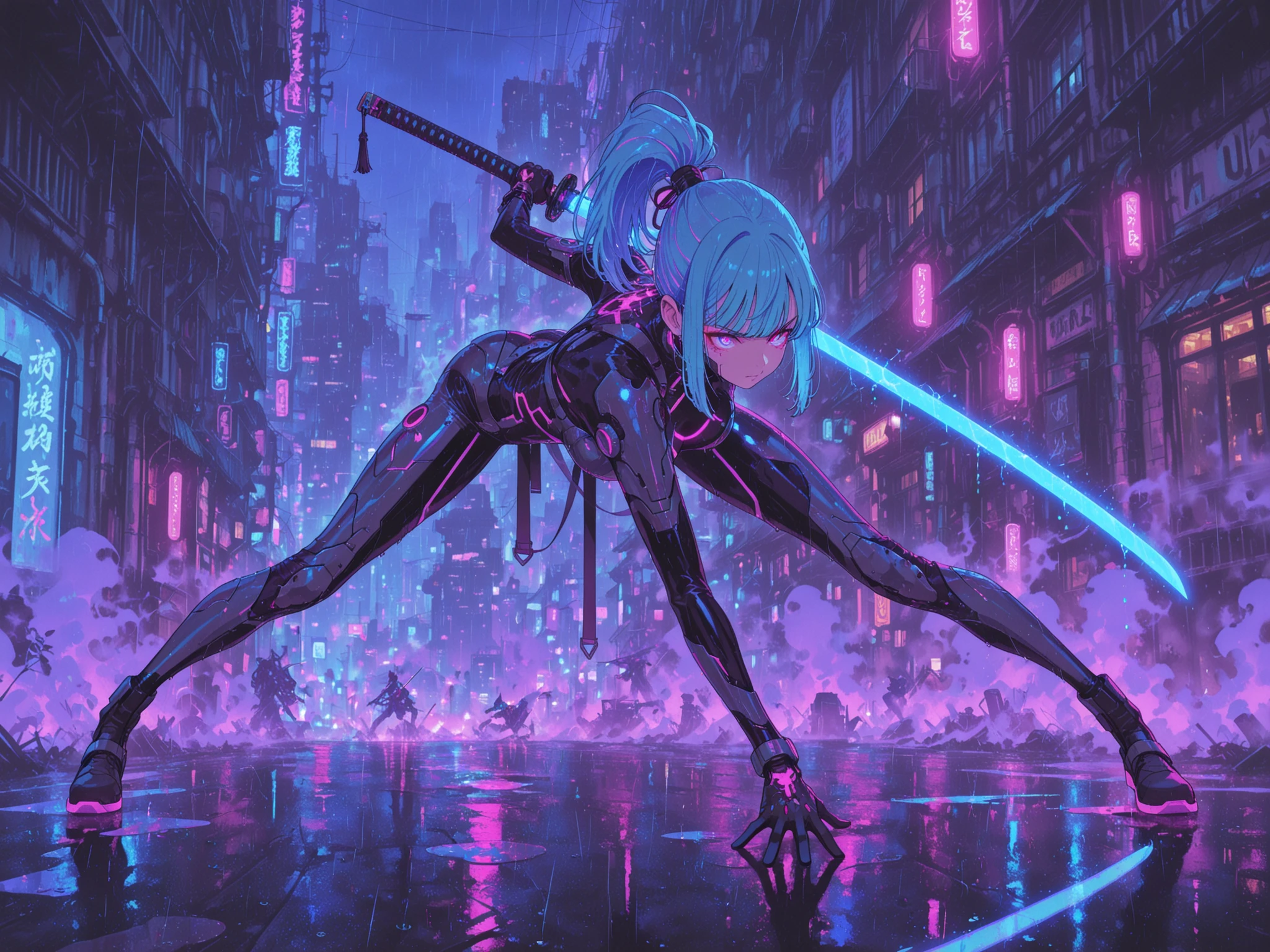 masterpiece, ultra detailed, best quality, cyberpunk samurai, young warrior, glowing LED katana, neon blue energy blade, metallic armor plates, carbon fiber bodysuit, cybernetic enhancements, rain-soaked streets, neon city lights, dramatic lens flare, volumetric lighting, night scene, steam rising, puddle reflections, dynamic pose, battle stance, determined expression, wet hair, raindrops, atmospheric fog