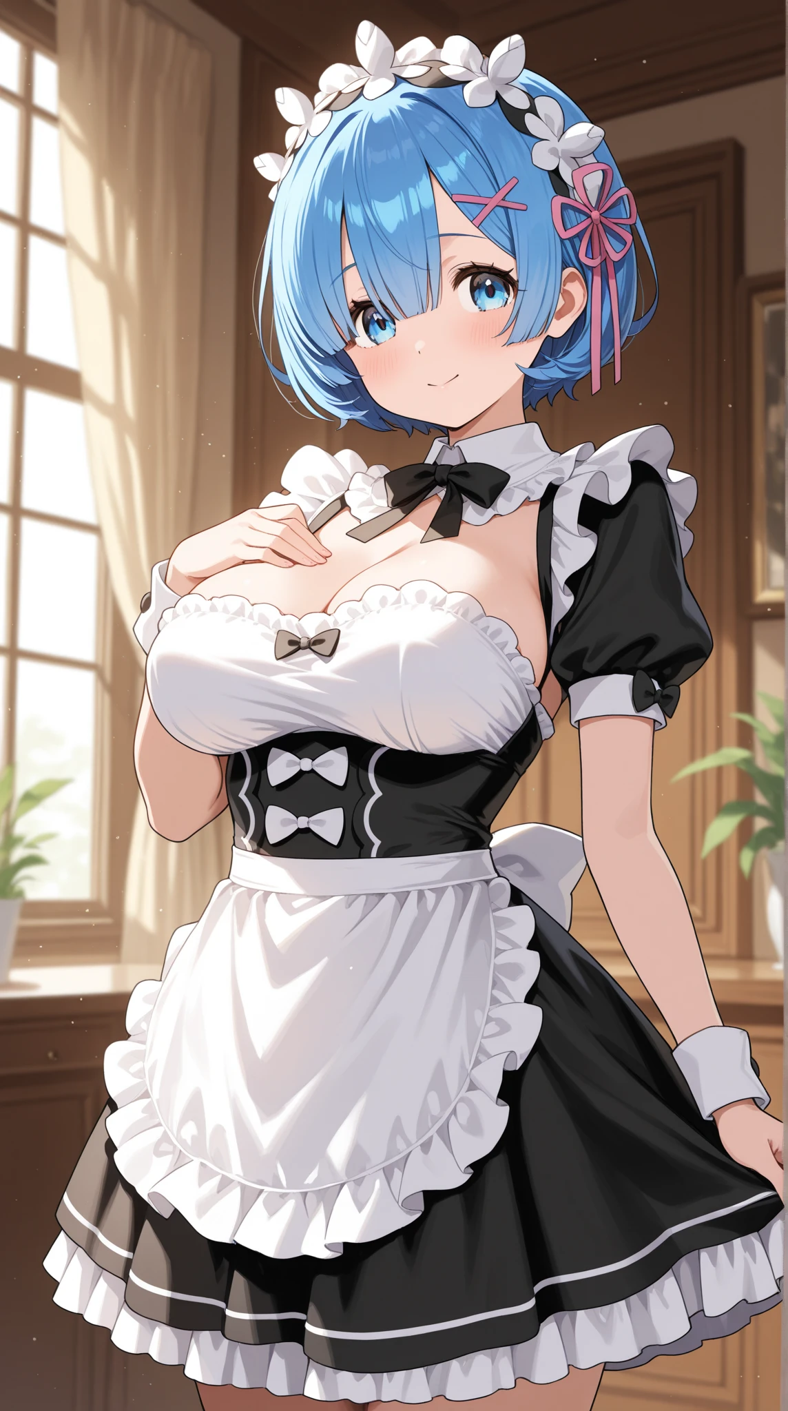 {masterpiece, distinct_image, extremely detailed CG, (extremely detailed fine touch:1.2),beautiful eyes and detailed face, (white_light, light rays, dappled light, ray tracing:1.2), photo realistic, 4k, 8k, high_resolution, (perfect_finger:1.5), (beautiful_detailed_eyes:1.3), glitter, white_light, (glow_white_face, front_light:1.3),{1girl, face_focus, looking for_in_viewer, cowboy_shot, standing},{adult,curvy, (huge_breasts, wide_hip:1.3),thigh_gap, groin, narrow waist, skinny stomach,(maid uniform, cleavage, luxury monocle, white gloves:1.7),(white hair, long hair, blue eyes, bangs:1.3), (hair over one eye:1.4)smiling face}