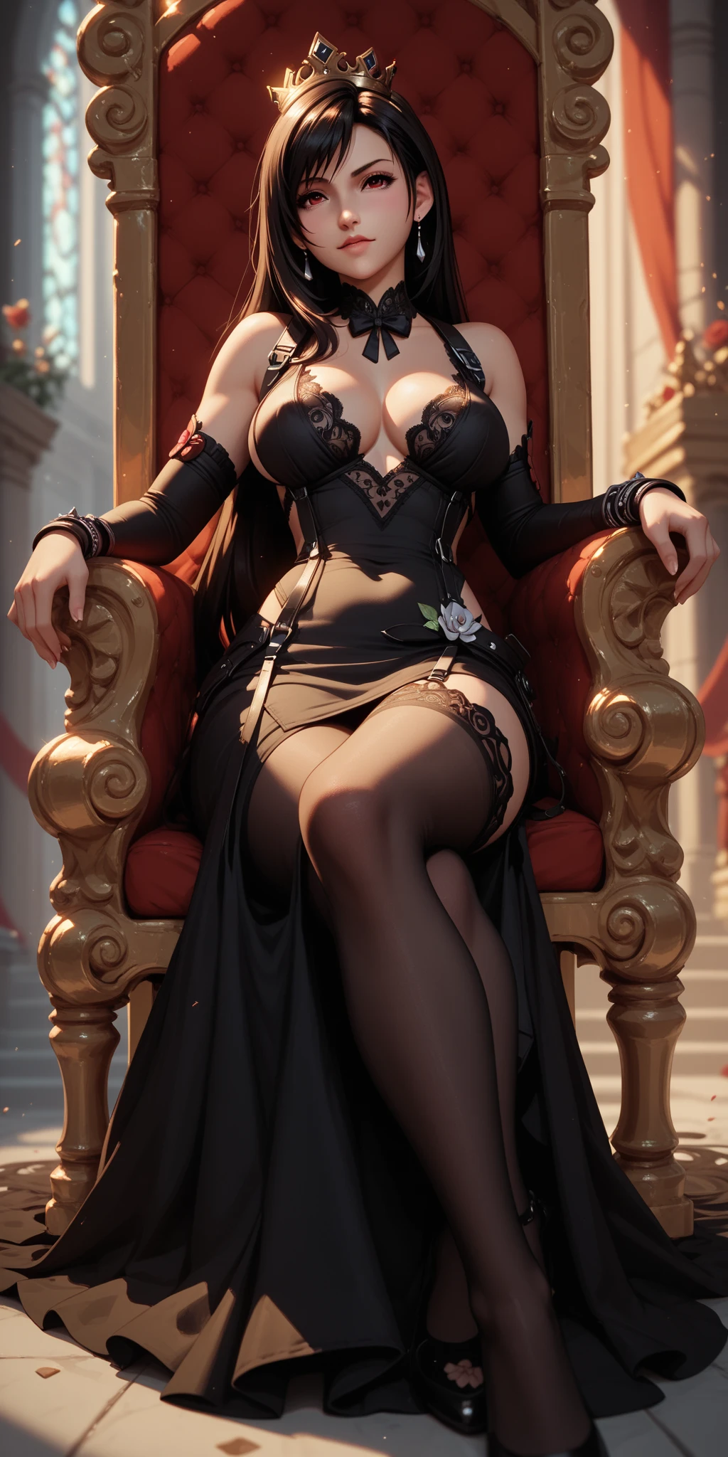 Emma Watson,a queen,Upturned jade feet,Chain in hand,Bare lace,blackstockings,The expression is arrogant and domineering,Oversized breasts,sitting on an royal throne,high-heels,Ross Tran 8 K,Maximum details of the breast,Maximize facial detail,photorealistic eye,realistic nose,Realistic sexy stockings,Scarlett Johansson knelt in front