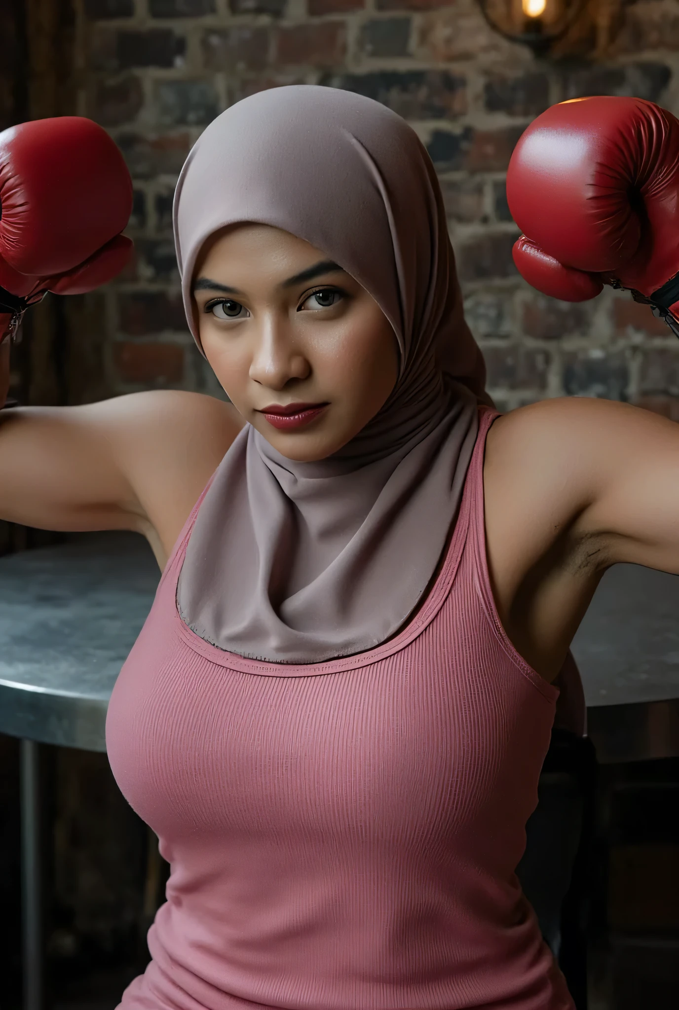 (angry face expression), (The stitching is very neat), very old lady Wearing Hijab perfectly , wearing Scoop Neck Sleeveless pink Bodysuits G-String Thongs sinlet swimsuit , (BOTH HANDS ARE RAISED STRAIGHT UP WHILE WEARING BOXING GLOVES) PLEASE DON'T PUT ANYTHING ROPE!!!
BBW HIJAB INDO MALAY Jumbo (Singlet ), 1 girl, MOODY FACE EXPRESSION , Half body portrait, (face details: 1), (Eye details: 1), ((Big breasts)). Cute posed. proportional body. ultra high res. realistic: 1.4, UHD, ((bigger:2.3)), (((dark background))), Background worn old brick wall , arms Bodybuilder Auntie, Sitting on a round table stainless steel,