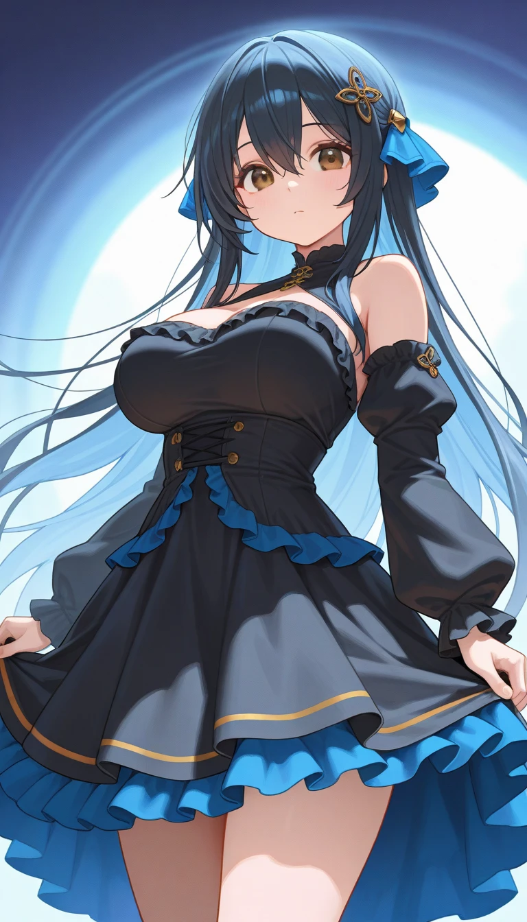 Masterpiece、Highest quality、Super detailed、1 girl、(Big Tits)、Fluffy and soft long hair、Blue Eyes、Cleavage、Navy Blue Hair、Lori
