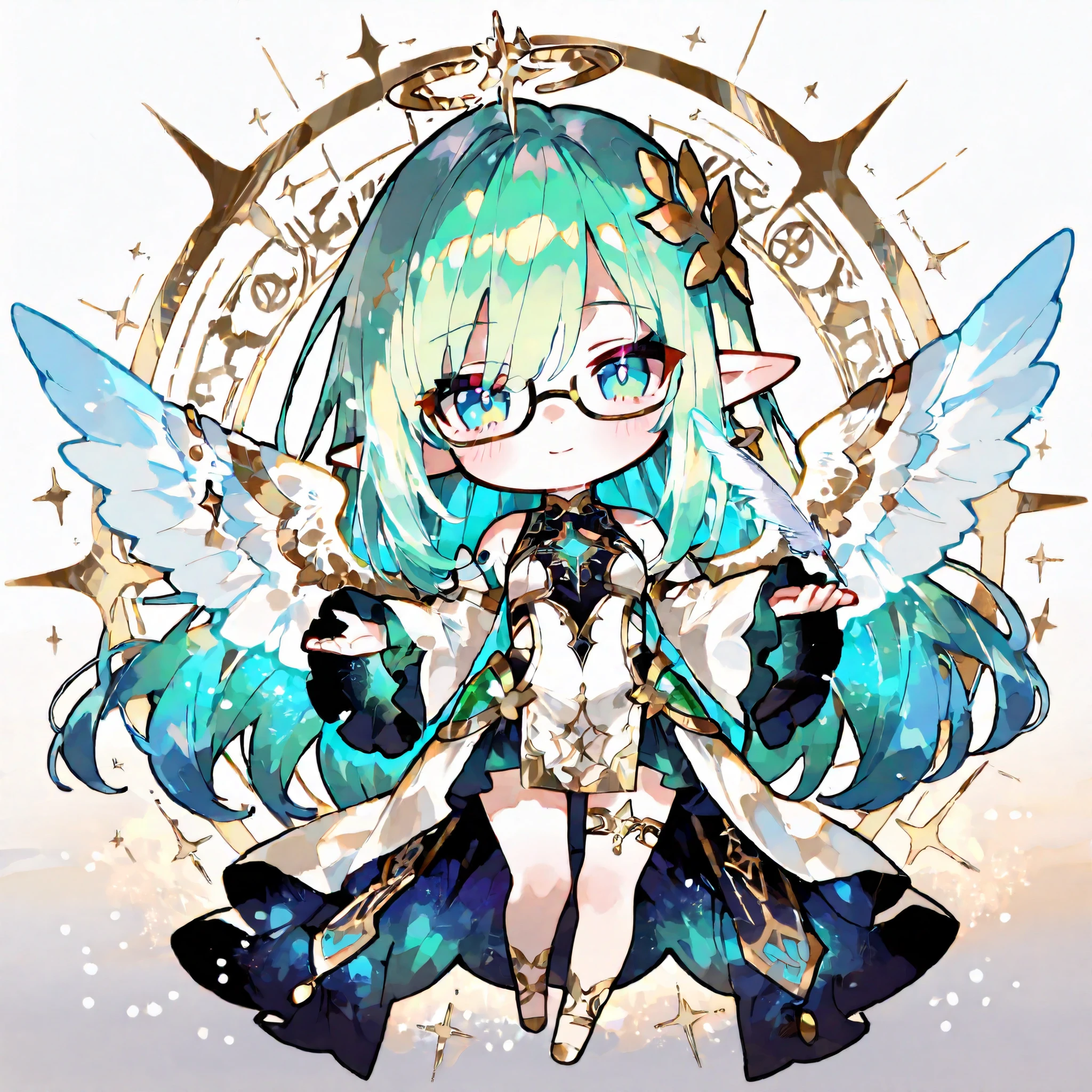 masterpiece, best quality, super-deformed (SD), mini character style, chibi chibi, style of Kei Mochizuki, style of Kei Mochizuki /k.s†
A cute chibi fantasy character of a young woman with glowing emerald-green hair that flows softly around her. She has large, shining blue eyes that radiate intelligence and serenity, and wears black-rimmed glasses slightly lowered on her nose, giving her an intellectual and gentle appearance. She is dressed in a pure white, elegant outfit with a slit skirt, combining a modern and divine aesthetic—her attire includes a sleek, white suit with subtle golden accents, symbolizing purity and authority. She holds ancient, glowing documents in her left hand, with an ornate quill in her right hand, as if she's writing or preserving sacred knowledge. Behind her, shimmering angel wings and angel rings radiate a divine glow, adding a celestial aura. The scene is set in the heavenly office, with floating light particles, overlapping mystical books, and a luminous golden magic circle beneath her feet. The atmosphere is serene yet powerful, blending divine elegance with a fantasy, angelic vibe. The art style should be vibrant, highly detailed, with a soft, cartoonish charm that emphasizes her adorable yet noble presence. The character's proportions should follow the chibi style with a large head, small body, and exaggerated features, but all details must be clearly visible and not cut off. The character should be centered in the image, occupying about 70% of the frame, with enough space around for a balanced composition. The background should be plain, bright white, simple, and clean to emphasize the character. Ensure the illustration has a soft, vibrant color palette, with smooth shading and a cute, whimsical vibe