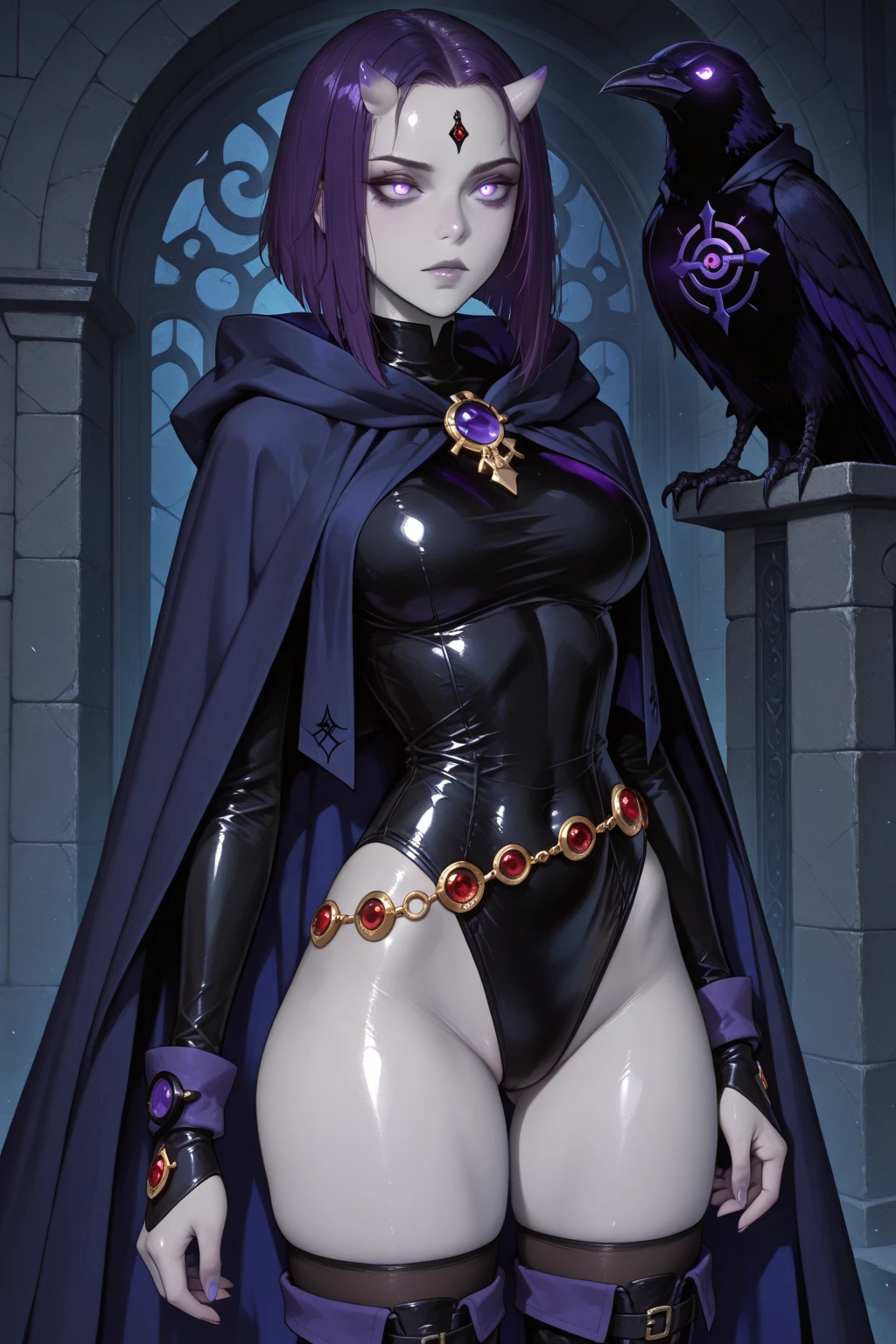 (solo:1.1),(masterpiece), (best quality:1.3), ultra detailed, intricate, professional art, digital art, absurdres, shadraven, (Full body view:1.1), 1girl, solo, (grey skin:1.4), dark purple hair, bob hair, purple eyes, hips wider than shoulders, pear shaped body, jewellery, detailed thighs, thick thighs, red jewel in forehead, jewels, (long sleeved turtleneck leotard:1.3), cuffs, small breasts, (shadraven cloak), (Shadraven broach:1.2), Shadraven jewel belt, Shadraven wearing a long sleeved leotard outside at night, long legs, ( long crotch bulge:1.4), large penis, large testicles, erection under clothes, side angle view, looking at viewer, bubble butt , gluteal crease, universal lighting,,
