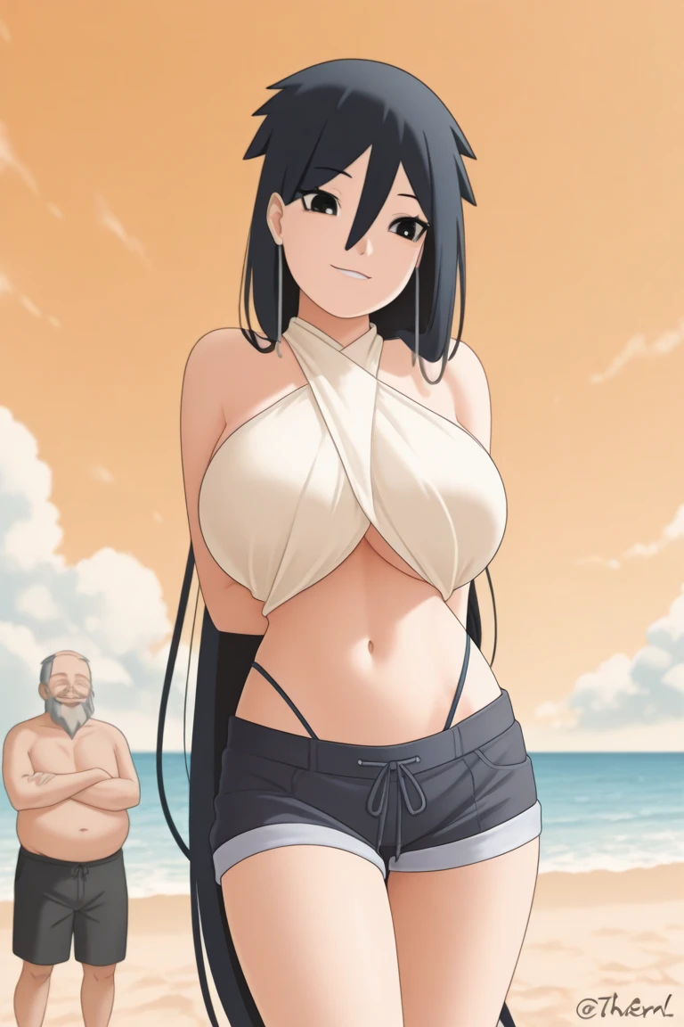 Anime cel drawing style, Best Quality, High resolution, ((Upper body naked)), (Exposed massive breasts:1.5), (highleg panties), Blue eyes, Purple hair, Bangs, Side Ponytail, Hair Ornament, blush, embarrassed, reluctant, ((Full body)), (bikini), looking at viewer, ((Full body)), (Beach), (take a photo of the whole:1.6), (hug from behind), (1girl 1boy), (man grabs a woman's breasts from behind), (bald old man)