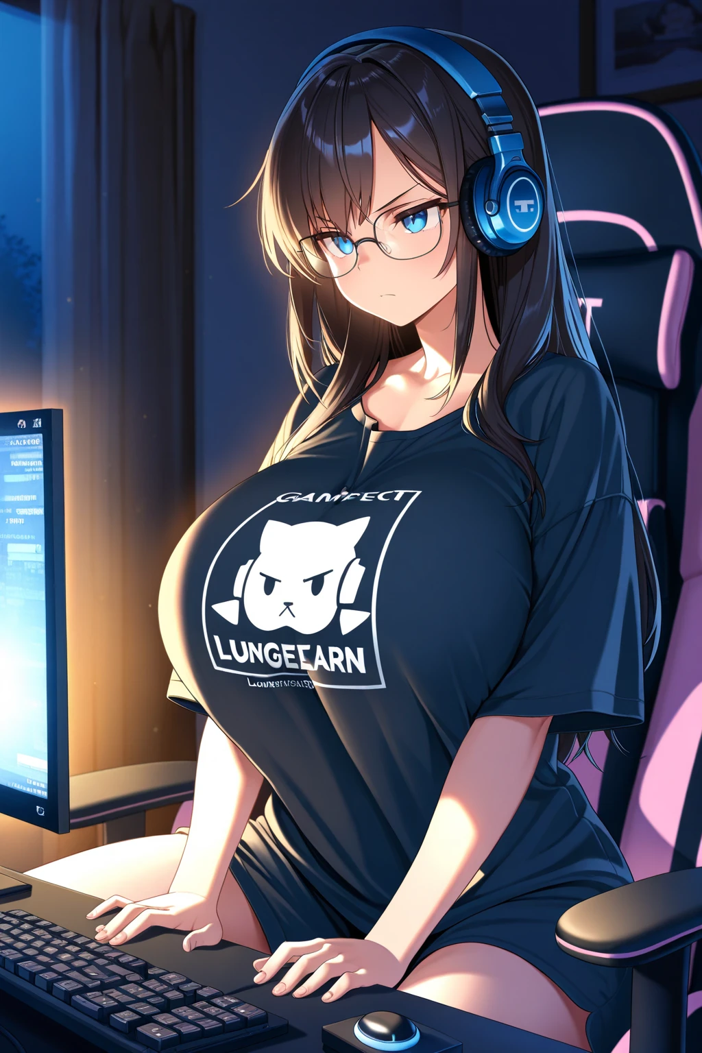 One Woman、beautiful girl、Sit on a chair、big glasses、Dark Room、computer、Sit in a gaming chair、High-end headphones、Grip the game controller、computerに向き合う、beautiful girl, Highest quality, Tight T-shirt、Tight T-shirt、Game Geek、Thick thighs、big 、big Ass、Black Hair、Long Hair、bangs、Sweaty body、I&#39;My whole body is sweaty、Obscene sound effects、Excited、stripe々panties、Playing a naughty game