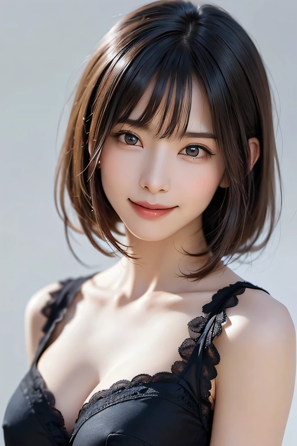 ((巨作、1 beautiful girl、Detailed eye、Shorthair with bangs、neck long、Put your ears out))、big eye、Distinct double eyelids、((最好质量, ultra-high-resolution、gazing at the camera、Light brown eyes、Clean collarbone、glowy skin、Straighten your back、The face of the golden ratio、Small face)), (Realisticity: 1.4), OriginalPhotographs, 1girl in,Cinema tick writing、japanes、Asian Beauty、Korea person、Super beauty、Beautiful skin、(((extremely large ?????、A slender、The body is facing forward、lipgloss、smiling slightly、Closing mouth and smiling happily)))、(ultra realisitic)、(A high resolution)、(8K picture quality)、(Very Details)、(Best Illustration)、(beautifully detailed eyes)、(ultra hyper-detailed)、detailed faces、lookig at viewer、Facing Straight Ahead、neat and clean clothes、sleevless、short-hair、black har、46-point diagonal bangs、Background is really nothing but pure white background、neat atmosphere、