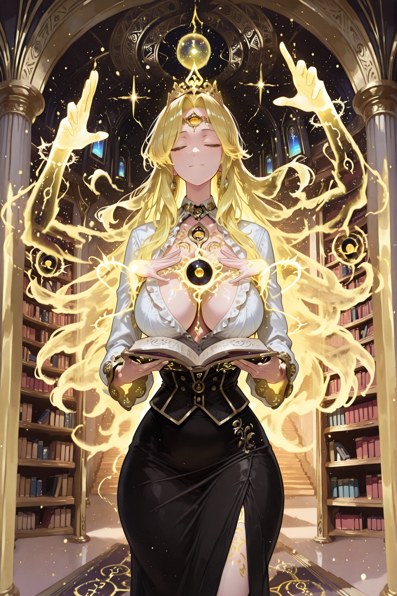 (obra-prima:1.2), (alta qualidade:1.3), (detalhes refinados:1.4), ((1girl)), ((perfect feminine proportions:1.3)), ((natural curves:1.4)), ((harmonious body shape:1.4)), ((formal secretary outfit)), ((short professional skirt)), ((buttoned blouse)), ((closed eyes:1.2)), ((serene expression)), ((glowing yellow energy tiara)), ((magical third eye on tiara:1.3)), ((conjuring pose)), ((hands at chest level)), ((floating yellow energy sphere)), ((multiple ethereal energy arms)), ((magical eyes in energy palms)), ((reading magical grimoires)), ((floating spellbooks)), ((mystical library interior)), ((parallel universe architecture)), ((arcane symbols)), ((magical particles)), ((ethereal light effects)), ((book shelves stretching infinitely)), ((dimensional portals)), ((ancient tomes)), ((floating magical runes)), ((soft yellow magical glow)), ((elegant pose)), ((refined features)), ((neat hair styling)), ((supernatural atmosphere)), ((dimensional rifts)), ((magical energy wisps)), ((library of infinity)), ((otherworldly aesthetic)), high_resolution, detailed_character, volumetric_lighting 
