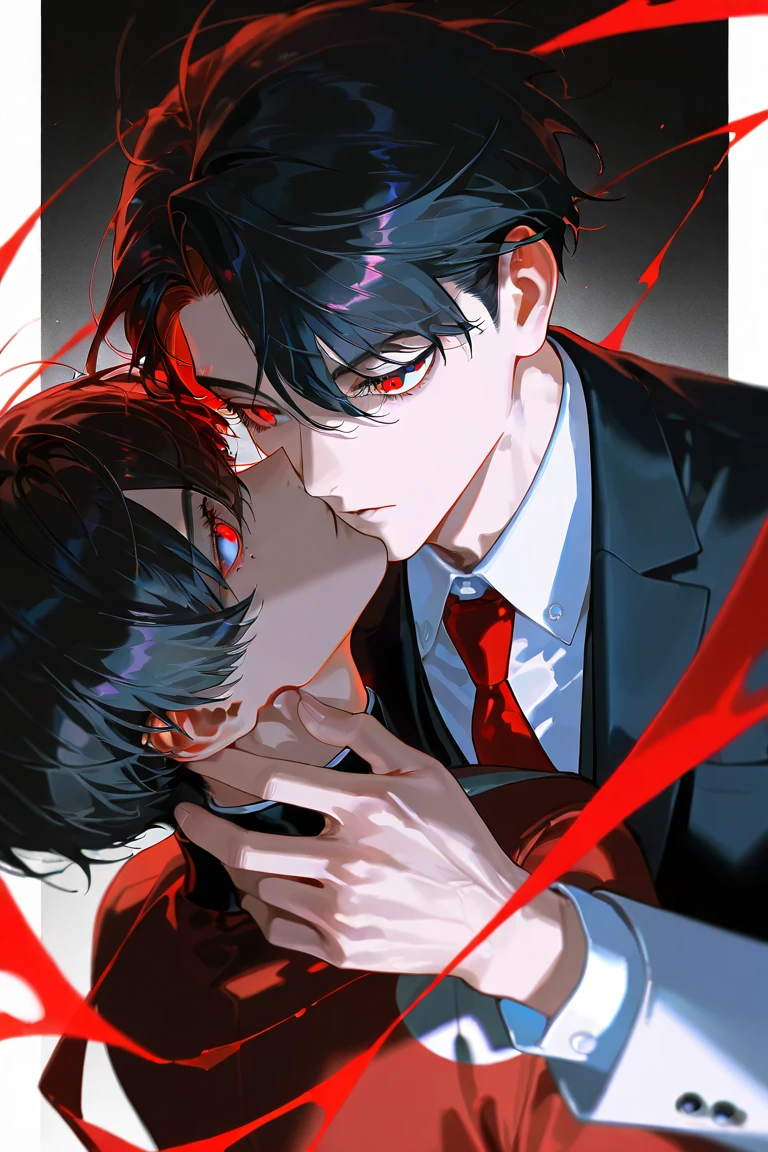 1 boy, handsome boy, black hair, comma hair, forehead comma hair, korean hair, Red eyes, looking at viewer, upper body