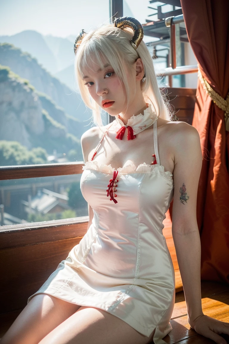 (best quality,4k,8k,highres,masterpiece:1.2),ultra-detailed,(realistic,photorealistic,photo-realistic:1.37), standing, ((large breast:1.4)),  ((white color hair:1.2)), ((medium hair:1.2)), BREAK (white and red theme:1.4), (white hair band with fake white rabbit ears:1.4), (white strapless leotard with red obi:1.4), ((white long kimono sleeves with red lace-up, bare shoulders):1.3), ((white choker with red Japanese shrine amulet, omamori):1.3), bare thighs, ((white overknee socks, white long tights):1.3), (japanese wooden clogs geta:1.2), ((Skin is radiant and glowing:1.3))