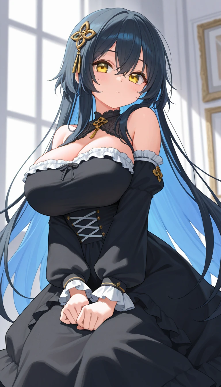 (masterpiece, highest quality:1.2),figure,8k,hd,1 girl,alone,cowboy shot,medium breasts,twin tails,Neptune (series),black (Neptune series),very long hair,skirt,white skirt,pleated skirt,cleavage,bangs,bare shoulders,black dress,blackい靴,black髪,blue bow,Thighhighs,blue bowtie,blue ribbon,bow,bowtie,brooch,button,removed collar,hair ornaments,removed sleeve,dress,eyebrows visible through hair,frills袖,frills,garter strap,white dress,gold trim,hair between eyes,hair ribbon,hold hair,jewelry,colorful clothes,multicolored dress,red eyes,ribbon,short dress,strapless,strapless dress,thigh boots,twin tails,zettai ryouiki,buran buta,