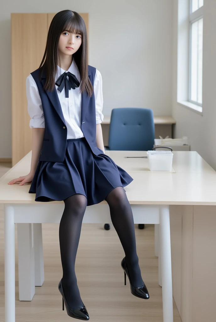 beautiful and delicate girl, very detailed eyes and face, beautiful detailed eyes, huge file size, very detailed, high resolution, very detailed, best quality, masterpiece, (((school classroom)), (((simple blazer))), (((pleated skirt))), (((The skirt and tie pattern are check patterns...:1.3))), very detailed, CG, 8K wallpapers, amazing, fine details, masterpiece, ((best quality)), very detailed CG uniform 8K wallpapers, my face shines, cinematic lighting, 1 woman, 16 years old, (((dynamic pose))), (camel toe), (half), ((pantyhose)), ((Sit with your knees bent and your legs crossed.)), ((whole body)), (((Raise your skirt and expose your panties..:1.4))),