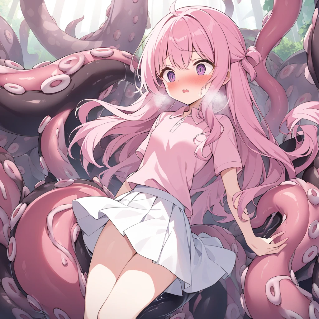 anime girl with pink hair and a purple dress holding a pink octopus, Fine details. anime. Tentacles, some Tentacles are touching her, Tentacles around, covered with Tentacles, Humanoid Pink Woman, splash art anime , digital art on Pixiv, Pixiv, From the Azur Lane video game, anime fantasy illustration、Tentaclesが女性期に挿入されている、Tentaclesが乳首に吸い付いている、Woman panting、A woman is enjoying herself、rape、Being tormented、Tentaclesは全て敵、Erotic
