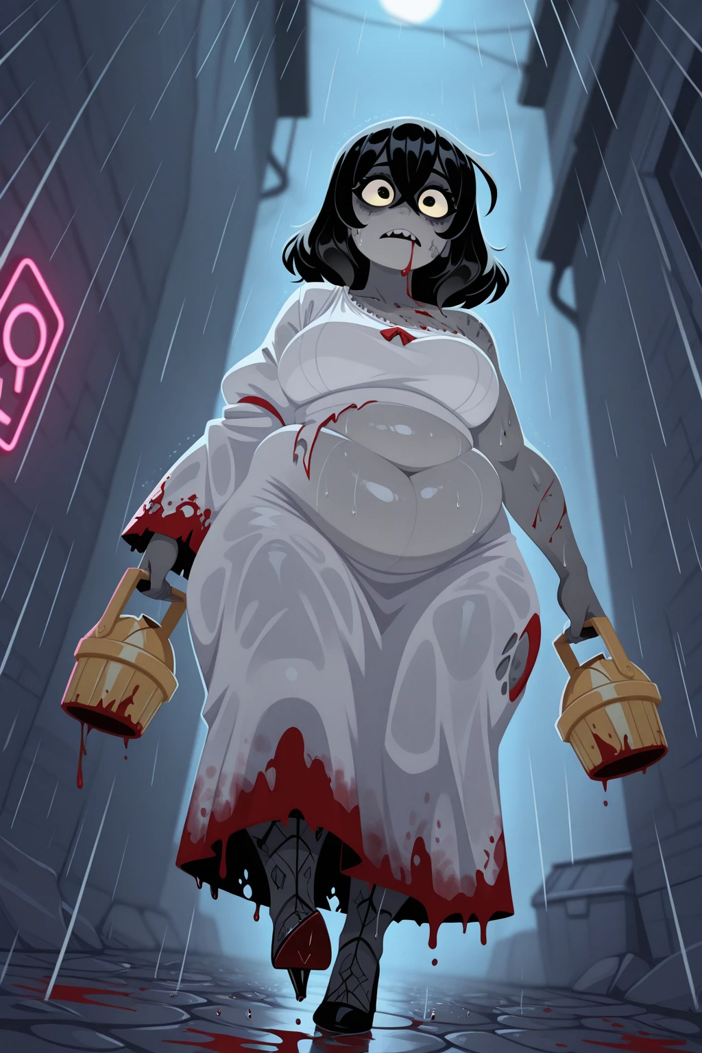(masterpiece:1.4), high quality, high definition, sharp focus, detailed face, anime, best quality, 4k, 8k, absurd resolution, intricate detail, detailed hands, detailed eyes, animation, illustration, highly detailed, highres, extremely detailed, <lora:ETO_OCC002:0.7> ETO_OCC, black hair, curly hair,longhair, thick eyebrows, <lora:hyperdenoiser_v090:0.6>, <lora:hyperrefiner_v090:0.6>, (plump), (parted bangs:1.4), <lora:ETO_OC:0.2> ETO-OC, <lora:perfetfingers:1>, 1girl, smiling, (full body:1.4) <lora:ZombieAnimationV1:0.8> zombie, blood, blood on clothes, open mouth, blood on face, torn clothes, shoes, standing, teeth, injury, coloured skin, shirt, blood on hands, red eyes, leggings, torn leggings, t-shirt, torn shirt, green skin, bruised, bite marks, glowing eyes, rage <lora:PostApocalyptic_v3:1> SZ_4po enviroment, zombie pose,
