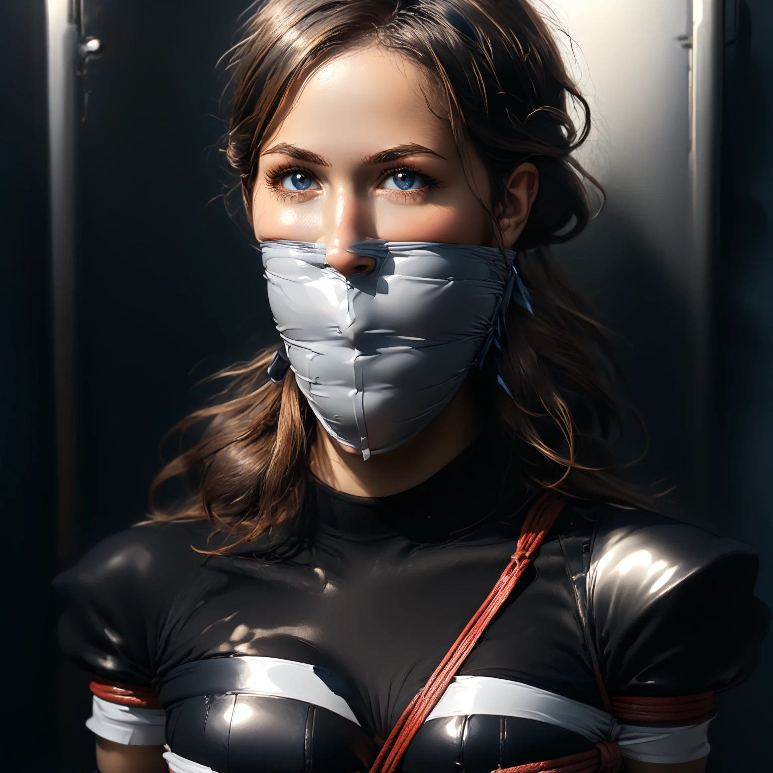 Really tight tape gagged wrapped around head, Pretty woman, Jane porter, arms tied behind back, wrists bound behind back, Blue eyes, brown hair, shiny tape, blushing, large breasts, expression of pleasure,