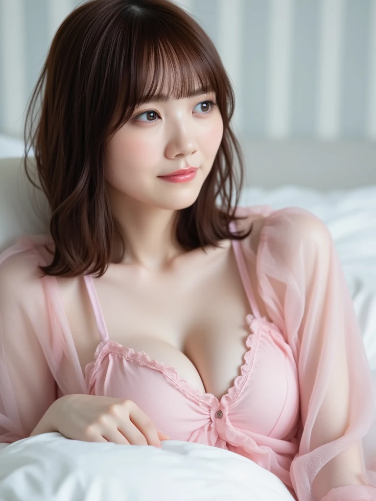 Nipples are visible、(RAW Photos), (Realistic), (masterpiece), (highest quality), High resolution, 8K resolution, (Intricate details), (Volumetric Light), Portraiture, woman,, short hair, Straight hair, Layered Hair, Brown haired, Highly detailed eyes, Source order, Very thin eyebrows, Highly detailed skin, Highly detailed mouth, Highly detailed nose, Cute like an idol, smile, ((Thick lips)), ((Look at the viewers)), (Elegant blouse)、Cleavage、Cleavage、The color of the clothes is up to you、The color of her underwear is see-through pink、