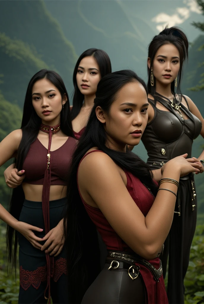 two beautiful young Asian women with blond hair and a bodybuilder physique, one woman has a nasty scar on her face from a sword, and the other woman has a tattoo on her neck, they pose and dress as female warriors in the jungle, whole body, cinematic medium close up portrait, Key light, backlight, natural lighting, photography 400 ISO film grain 30mm lens RAW aperture f1.8, art photographer, movie still poster from Lord of the Rings, medium intricate print, choker