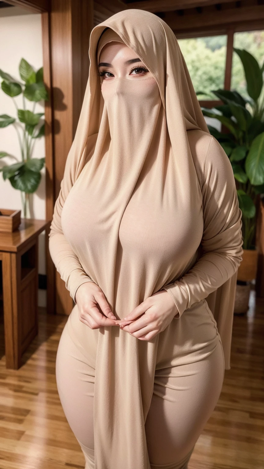 standing pose, full body photography, front view, looking at viewer, looking at audience, vaginal, POV, (wearing hijab and niqab), MILF, mature woman, voluptuous body type, hourglass figure, ample physique, defined waistline, THICC body type, thigh, muscular thigh, perspective, highly detailed, ((huge breast)), exposed breast, detailed hands, perfect hands, detailed fingers, beautiful detailed fingers, beautiful detailed eyes, brown eyes, perfect eyes, clear eyes, (((masterpiece))), ((best quality)), ((intricate detailed)), ((Hyperrealistic)), 8K, real-life precision, life-like depiction, ultra-realistic detail, unmatched realism, ((film grain, jpeg artifact, noise effect, grainy effect)), high quality, nice lighting, soft lighting, realistic, malaysia, long sleeves, Jewelry, sexy lady, asian, hijab, niqab, sexy pose, wearing wedding rings, hand sock, mature big body, office, sexy posing, black dress, arabic dress