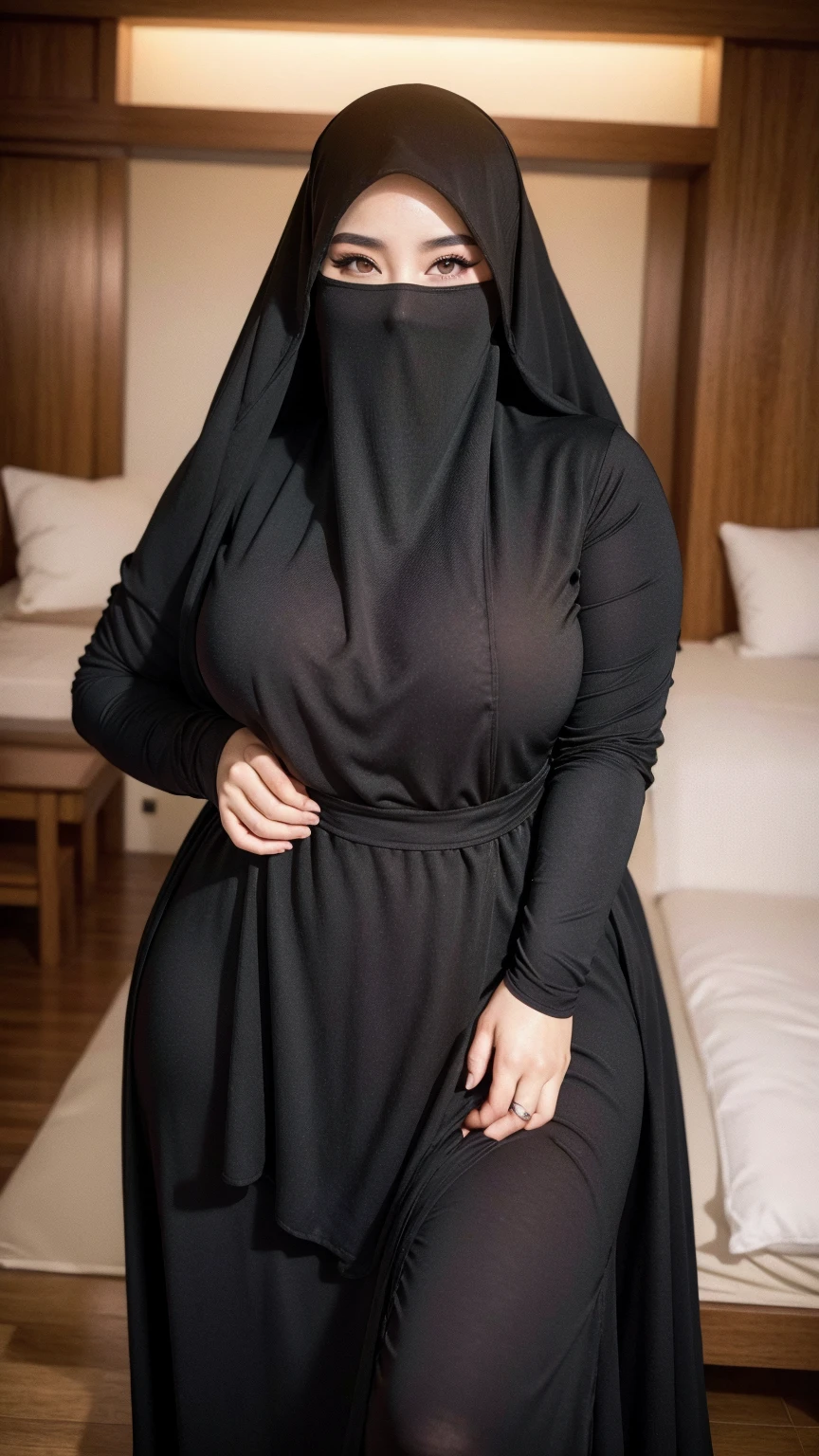 pregnant woman in black dress sitting on bed with hands on belly, pregnant belly, pregnant, her belly is fat and round, pregnancy, maternity feeling, sie boob, she has a jiggly fat round belly, serena malyon, belly exposed, ameera al-taweel, femme fetal, hijab, maternal photography 4 k, close body shot, fetus