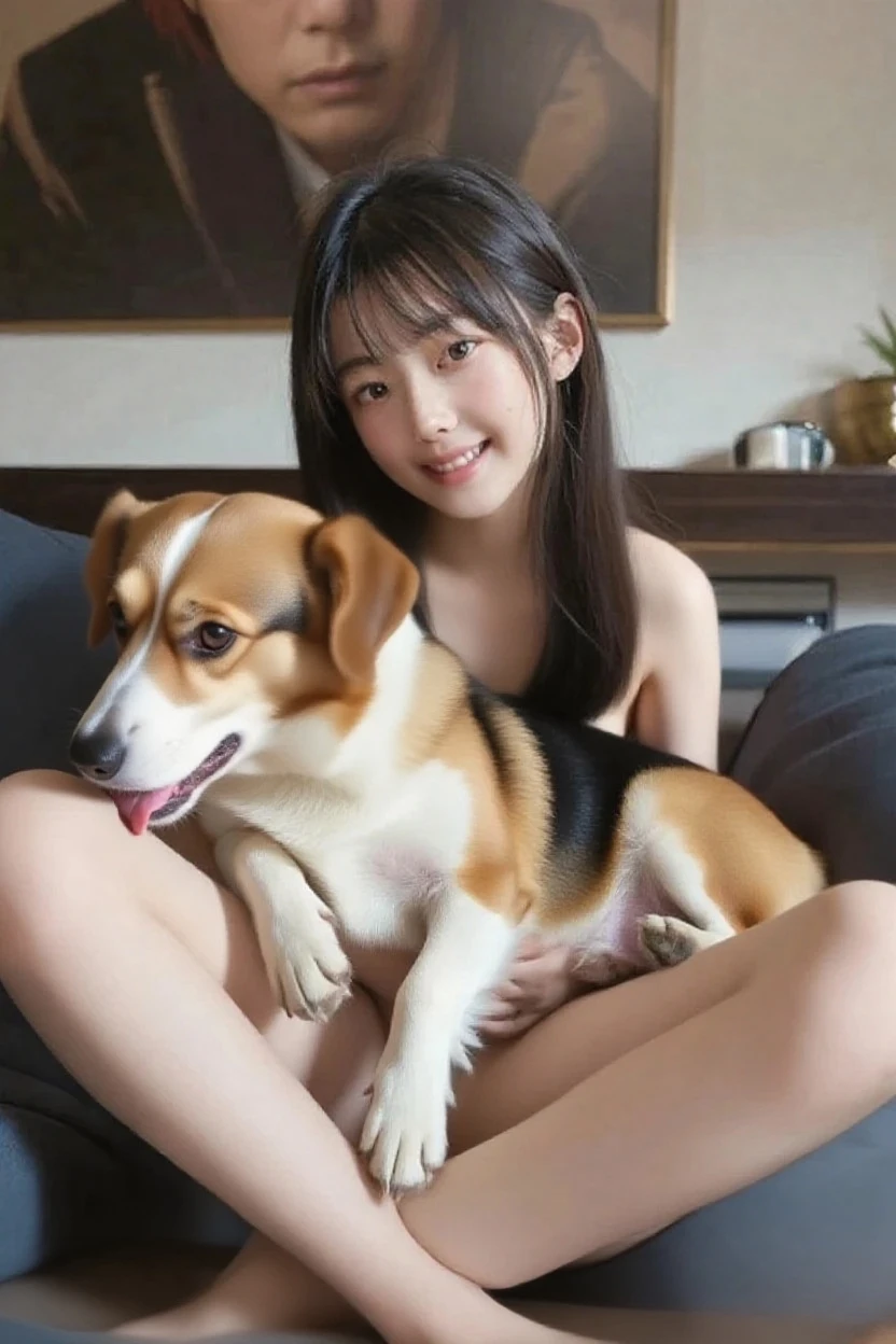 1 girl,nude,whole body, medium black hair, red eyes, green eyes, dog ears, dog ears, :3, Small fangs,Holding a dog,