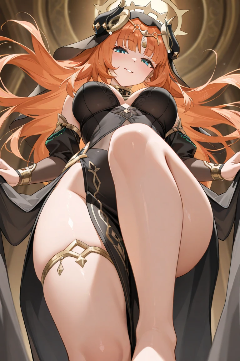 A sultry giantess in a tight gold dress, with long auburn hair and mesmerizing green eyes, lounges provocatively on a giant bed in a luxurious bedroom. Her legs are draped over the edge, crushing delicate furnishings and tiny humans beneath her. She picks up tiny people with her fingers, laughing as they struggle against her warm skin. Her body radiates raw eroticism and power, her gaze filled with cruel delight as she watches their helpless attempts to escape. Giantess, Goddess, sexy legs, gold, hot, curvy body, mommy issues, tiny people, macrophilia, perspective from below, high quality, almost naked, mature woman, bedroom, erotic.

